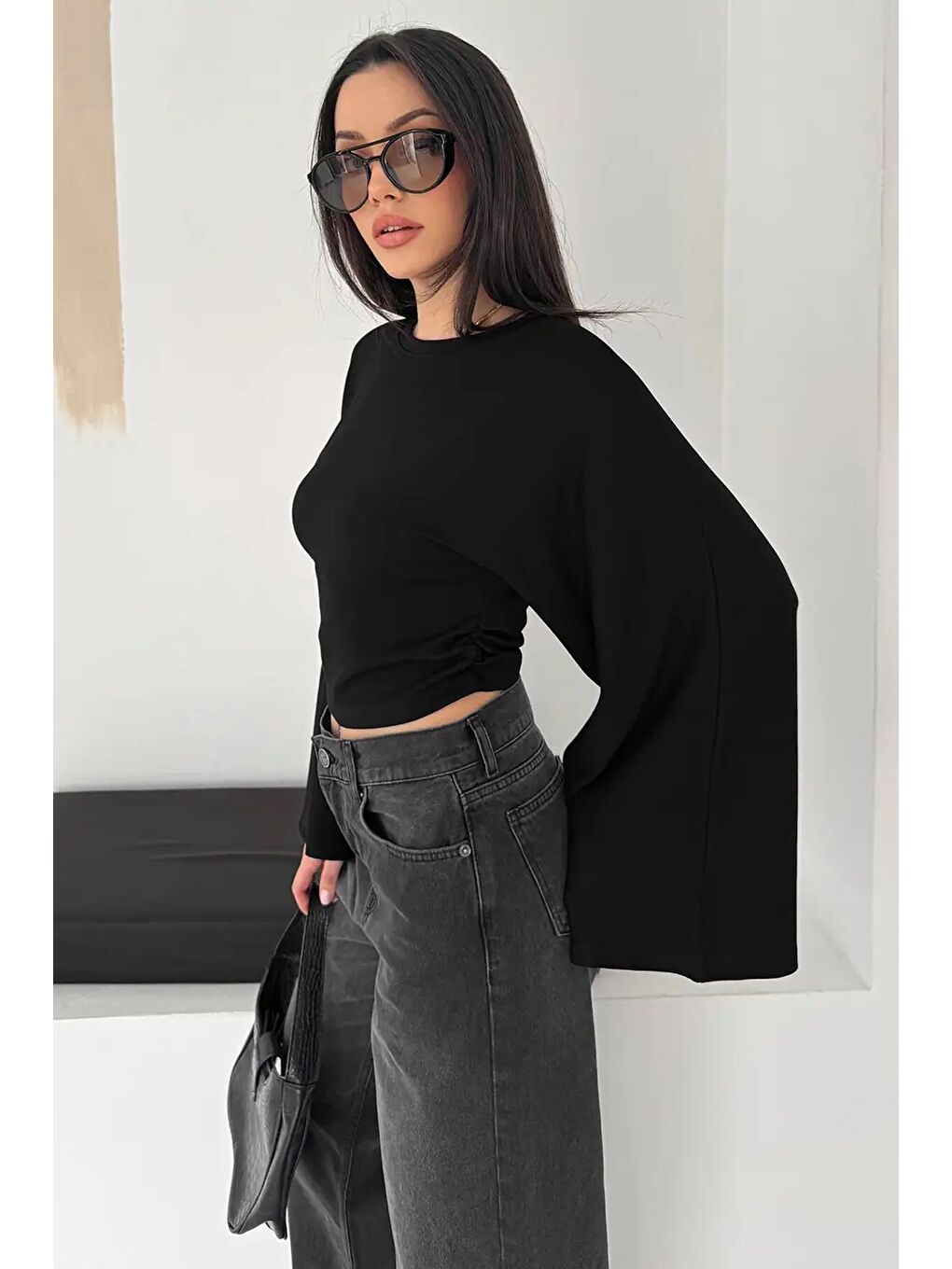 Geniş Kol Crop Bluz Siyah-1