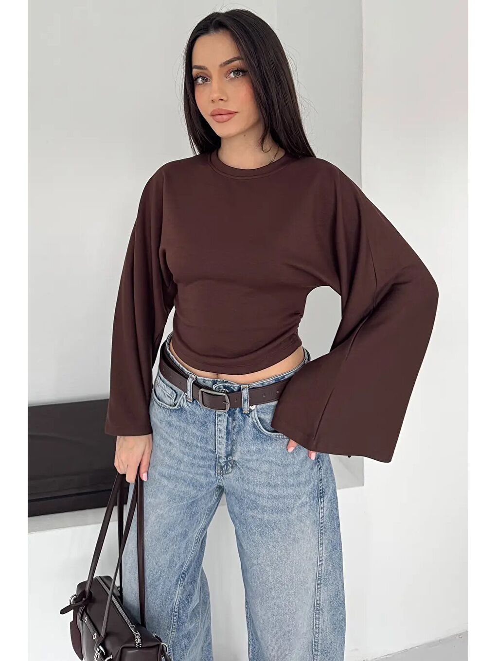 Geniş Kol Crop Bluz Kahverengi-2