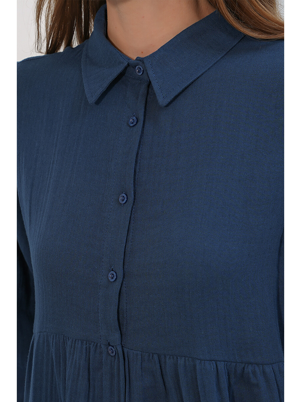 Kadın Dokulu Oversize Keten Gömlek 20381 - Lacivert-4