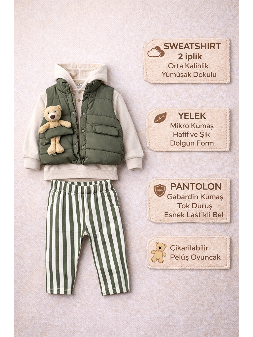 Yeşil Erkek Bebek 3’lü Takım 9-24 Ay Şişme Yelek %100 Pamuk Sweatshirt Gabardin Pantolon-2