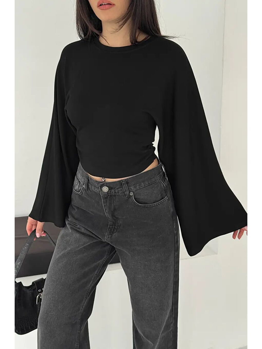 Geniş Kol Crop Bluz Siyah-2