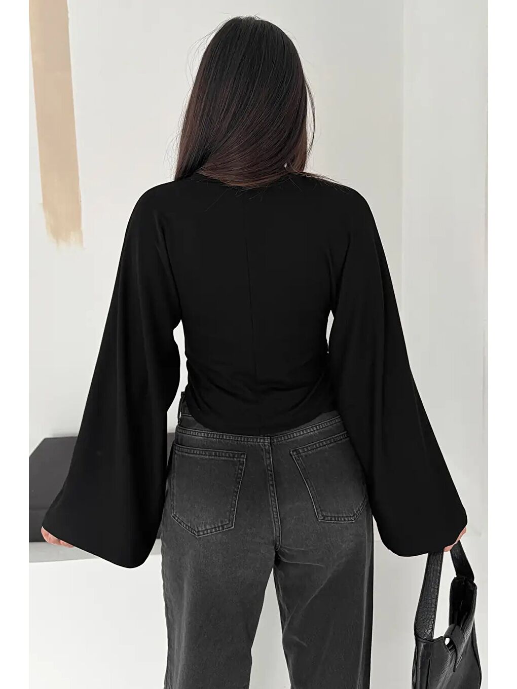Geniş Kol Crop Bluz Siyah-3