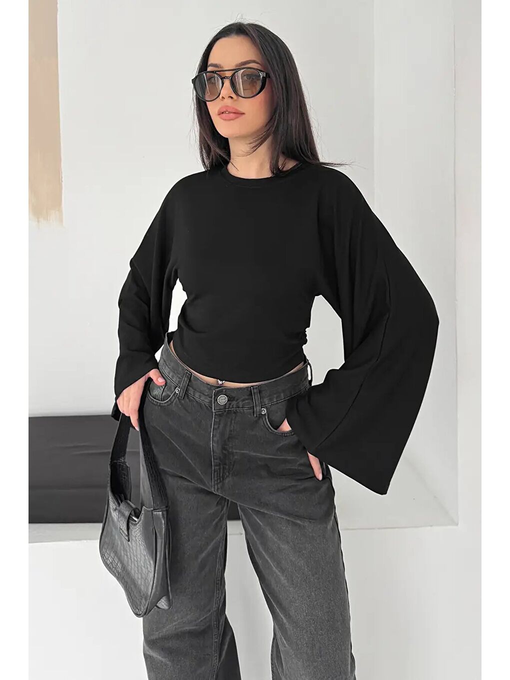 Geniş Kol Crop Bluz Siyah-4