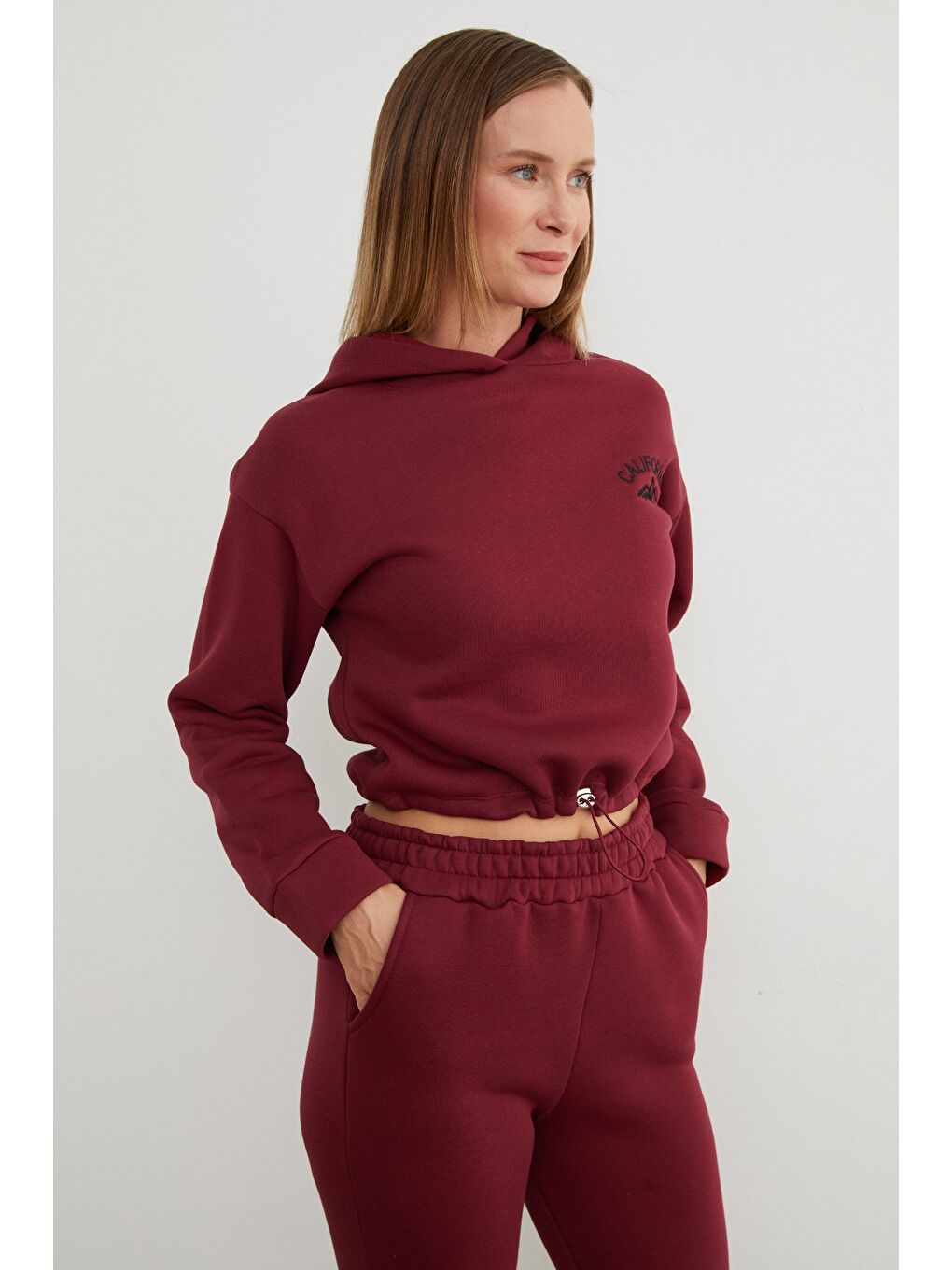 Bordo 3 İplik California Nakışlı Kapüşonlu Jogger Takım-3