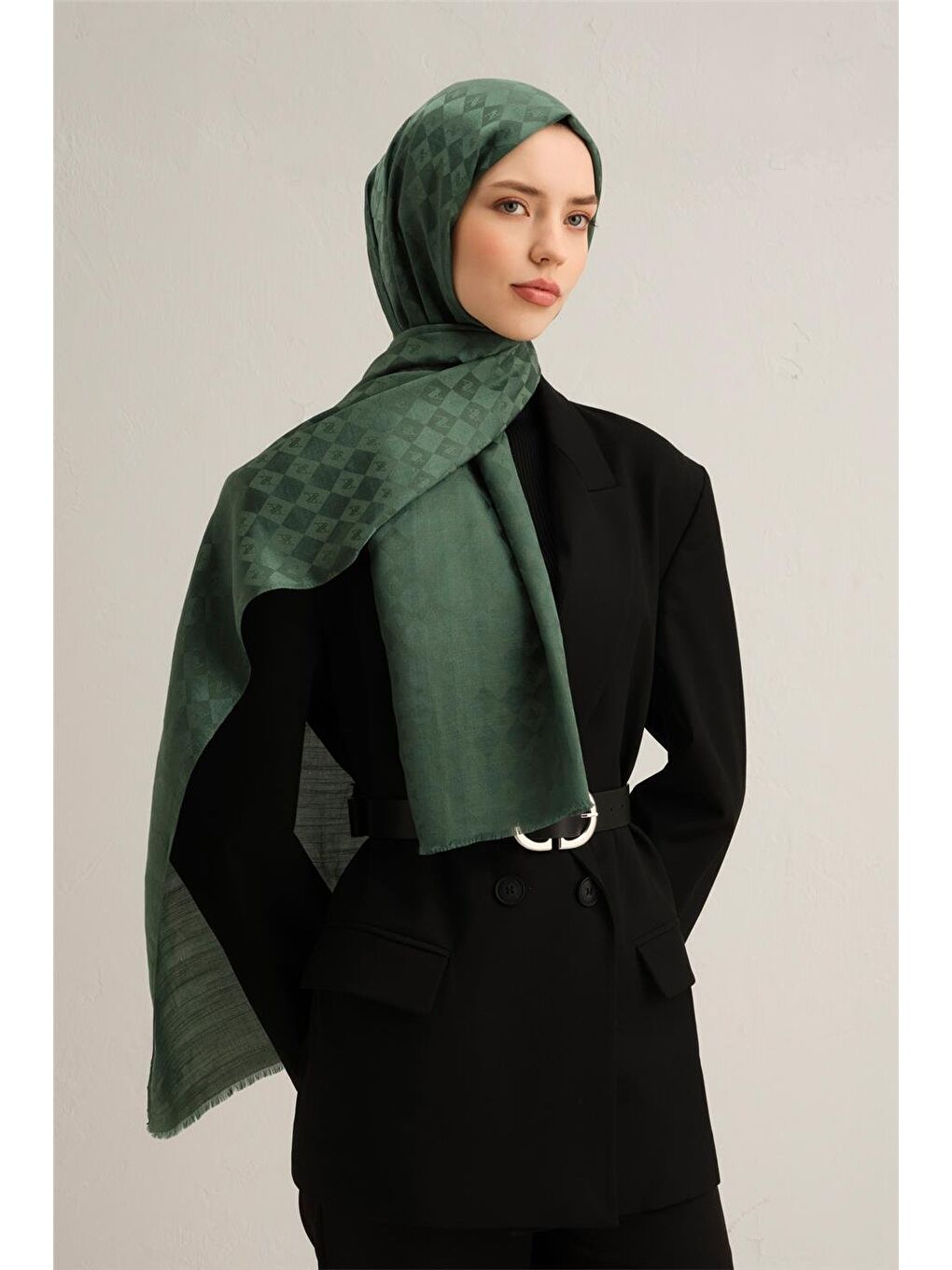 Yeşil Armine Jakarlı İpek Pamuk Şal 10703