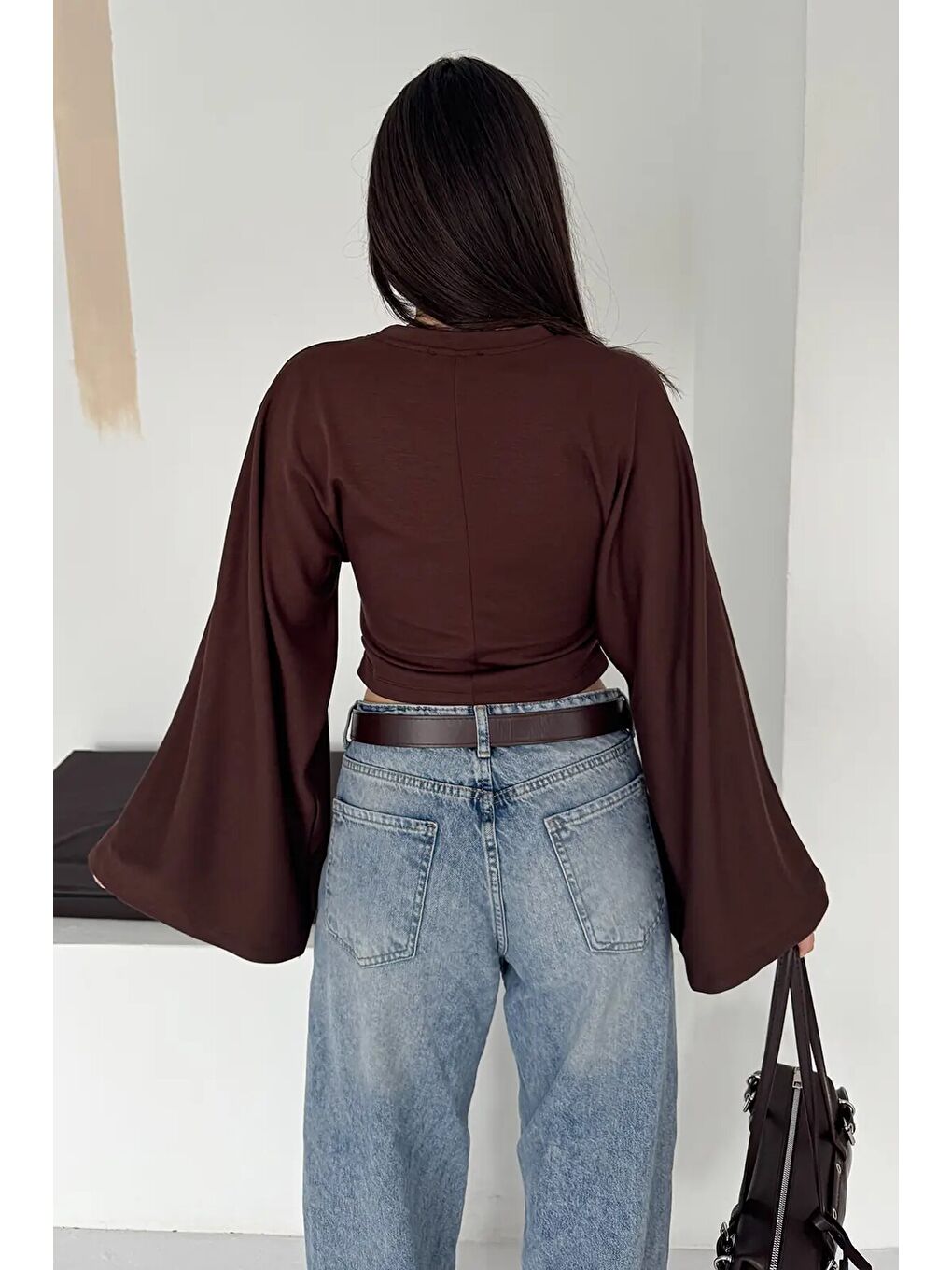 Geniş Kol Crop Bluz Kahverengi-3