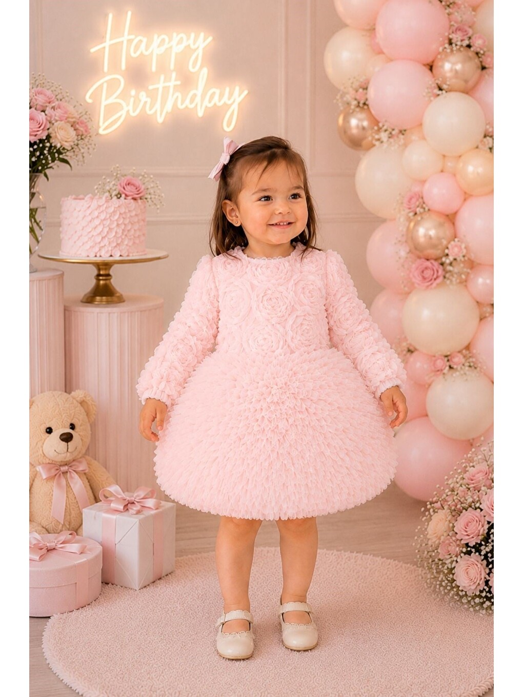 Pembe Kız Bebek 3d Çiçek Aplikeli Tüllü Tütülü Prenses Elbise