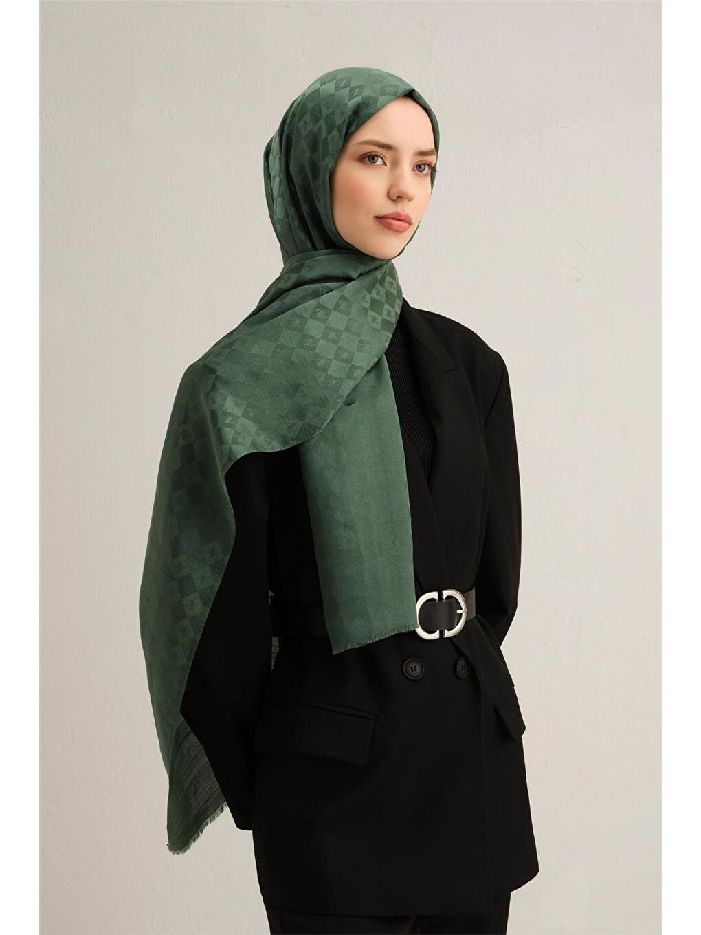 Yeşil Armine Jakarlı İpek Pamuk Şal 10703-1