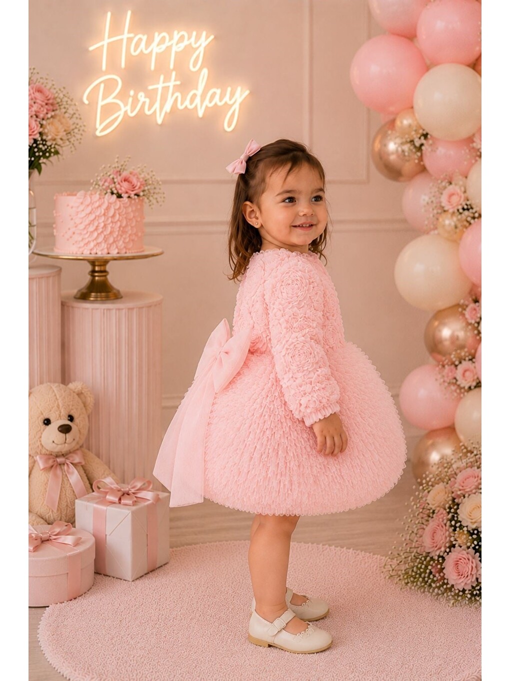 Pembe Kız Bebek 3d Çiçek Aplikeli Tüllü Tütülü Prenses Elbise-2