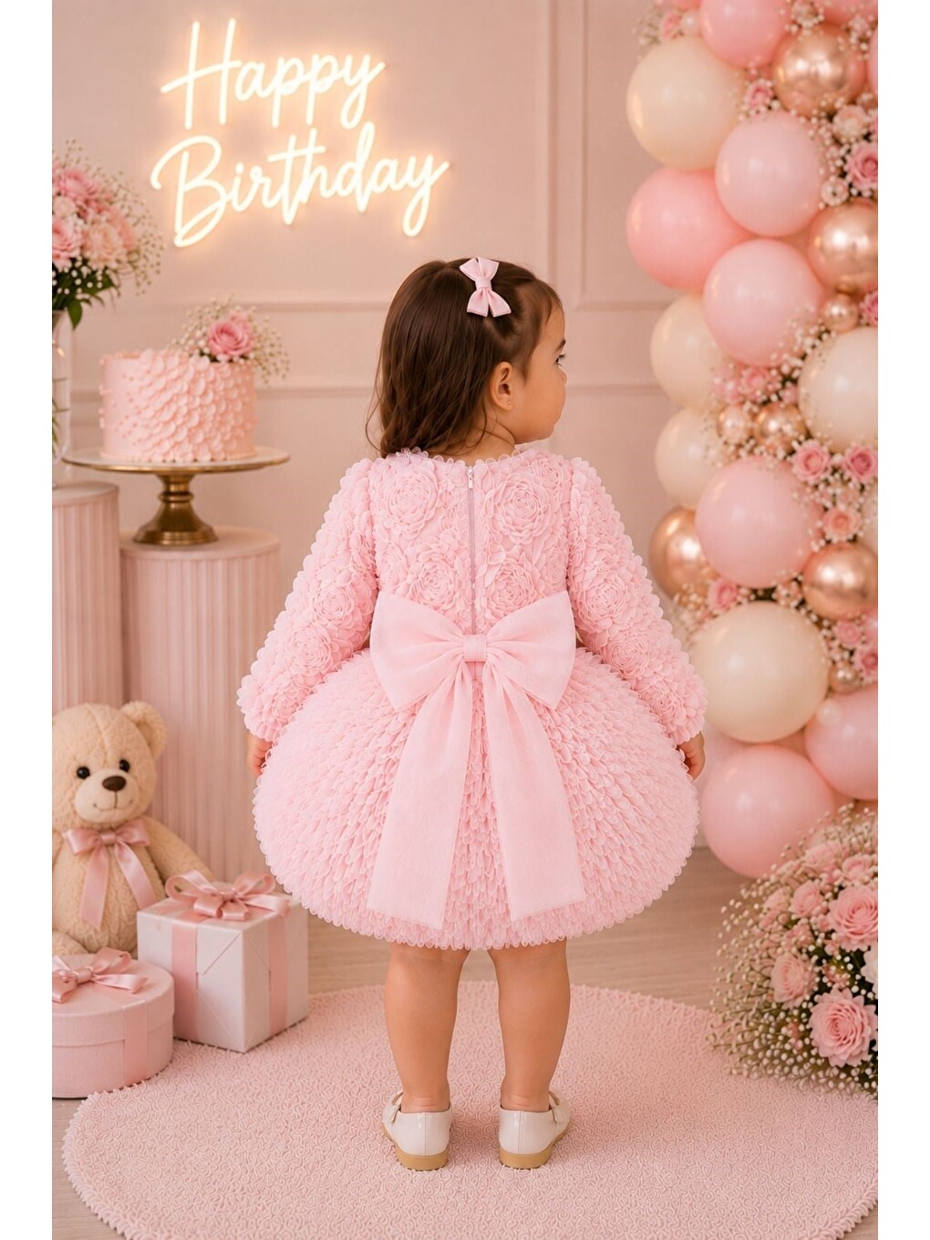 Pembe Kız Bebek 3d Çiçek Aplikeli Tüllü Tütülü Prenses Elbise-3