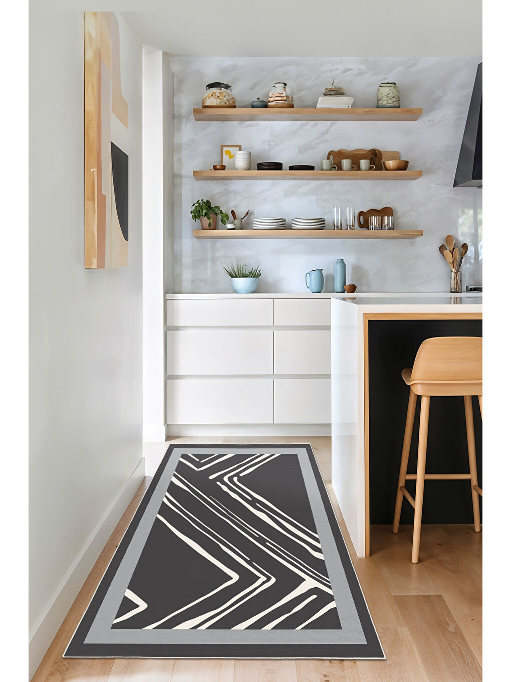 Gri Dekoratif Salon Halısı, Makinada Yıkanabilir, Kaymaz Taban, İnce & Modern Tasarım-3