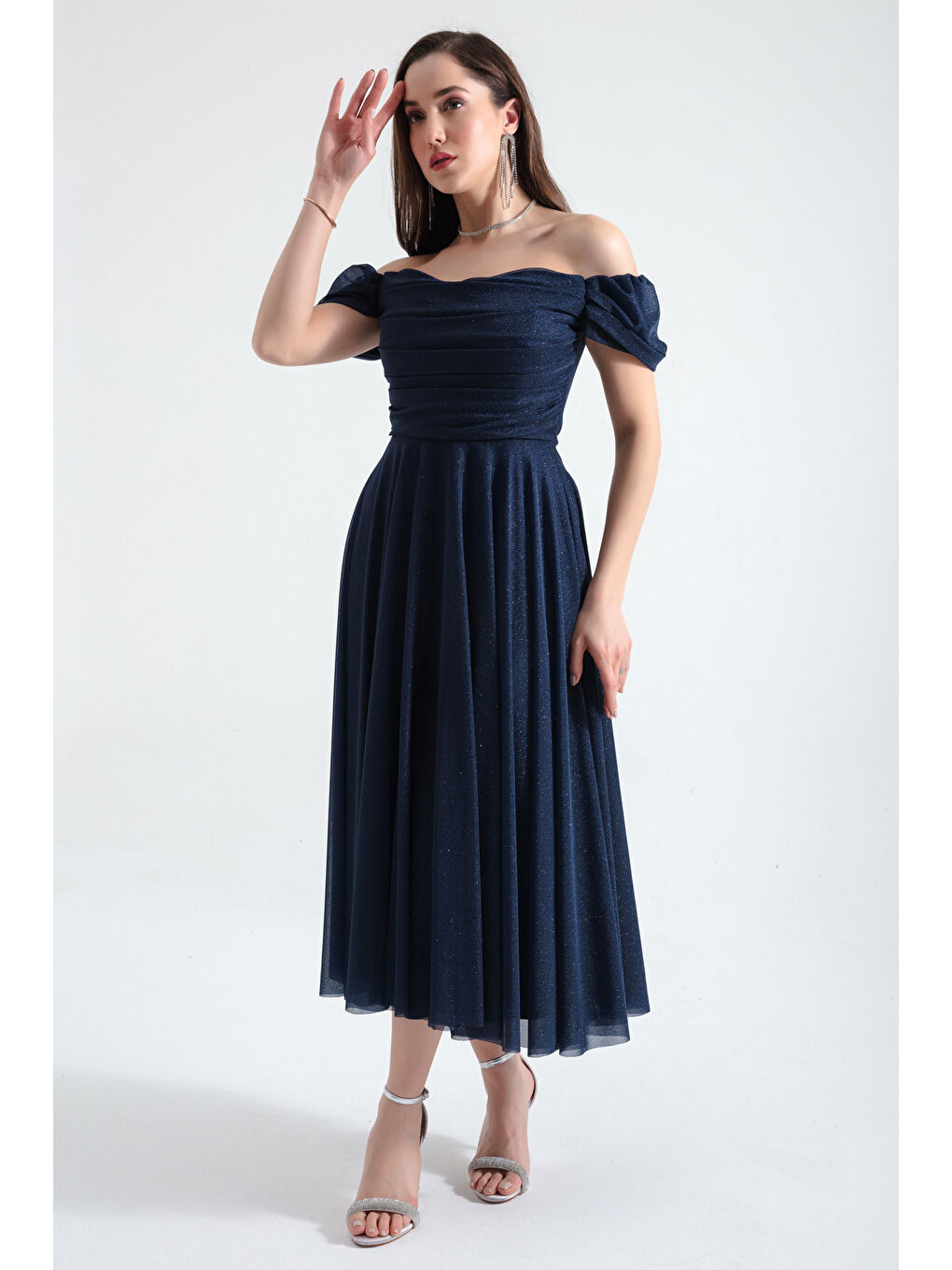 Kadın Lacivert Kayık Yaka Drapeli Midi Kloş Abiye Elbise