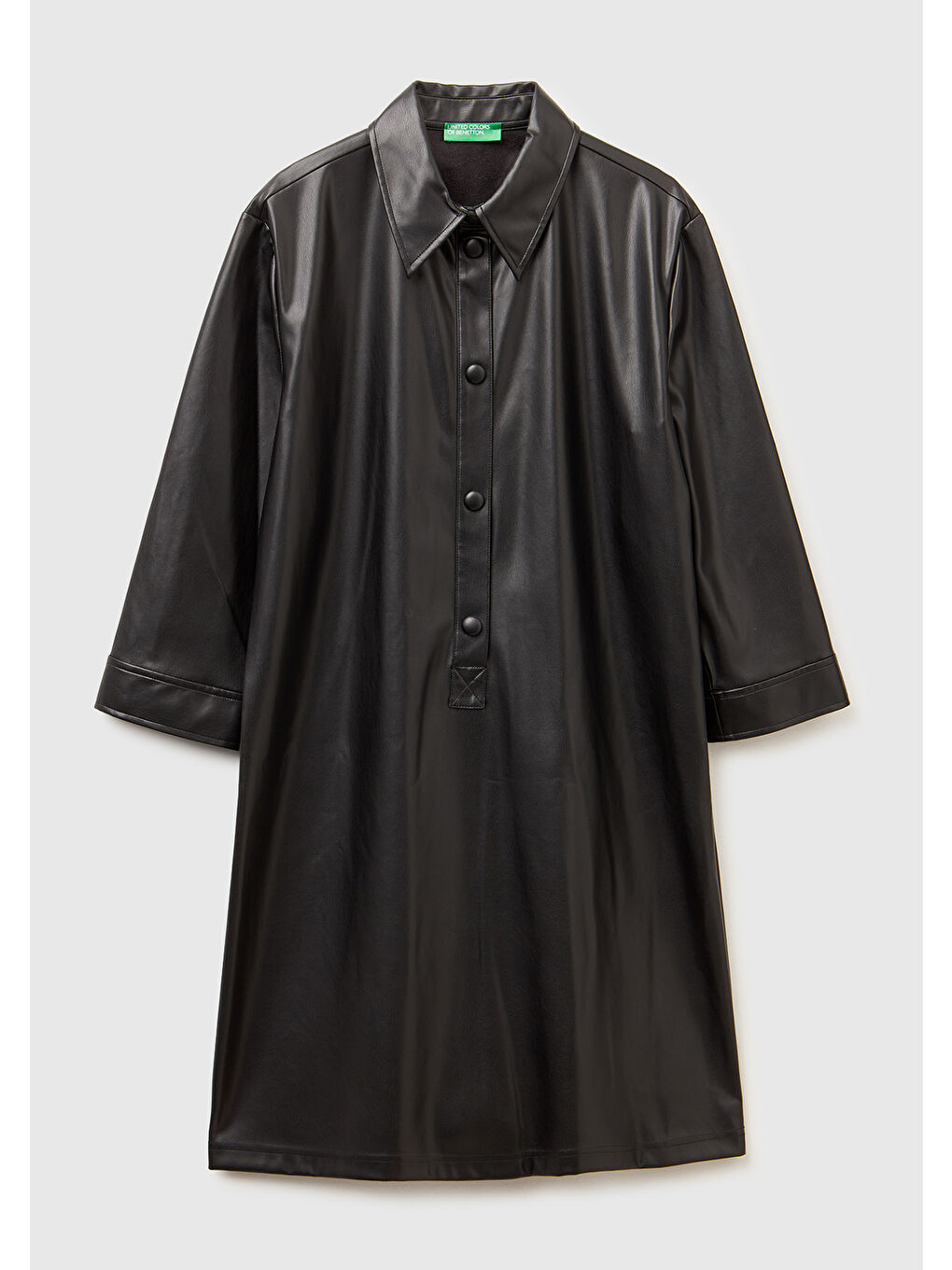 Kadın Siyah Deri Görünümlü Önü Düğmeli Uzun Kollu Elbise-1