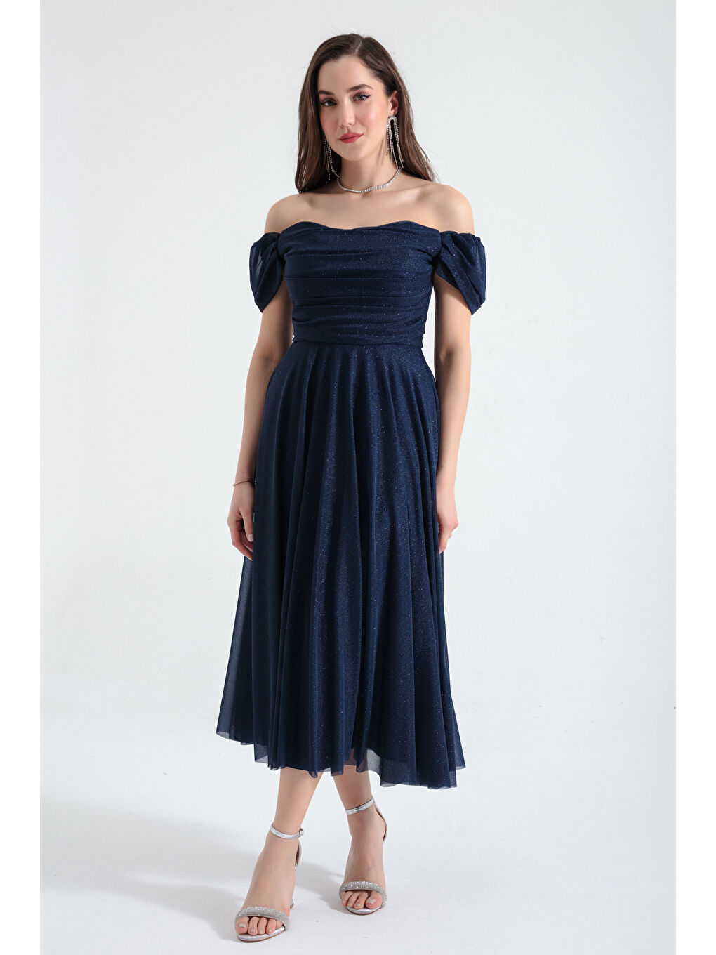 Kadın Lacivert Kayık Yaka Drapeli Midi Kloş Abiye Elbise-1