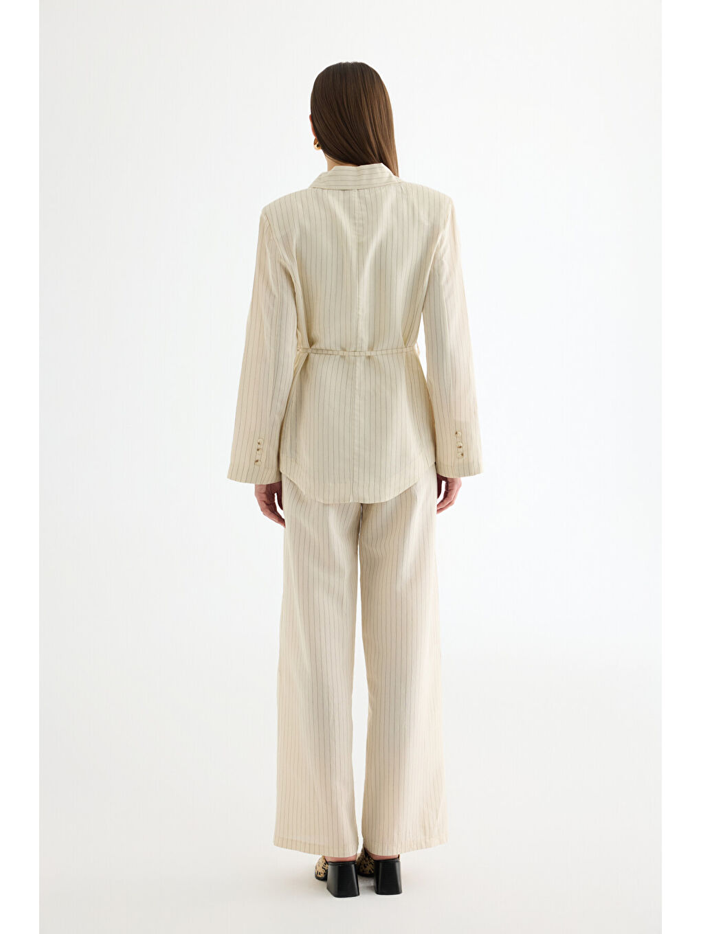 Çizgili Bağcıklı Gömlek Ceket Ekru-4