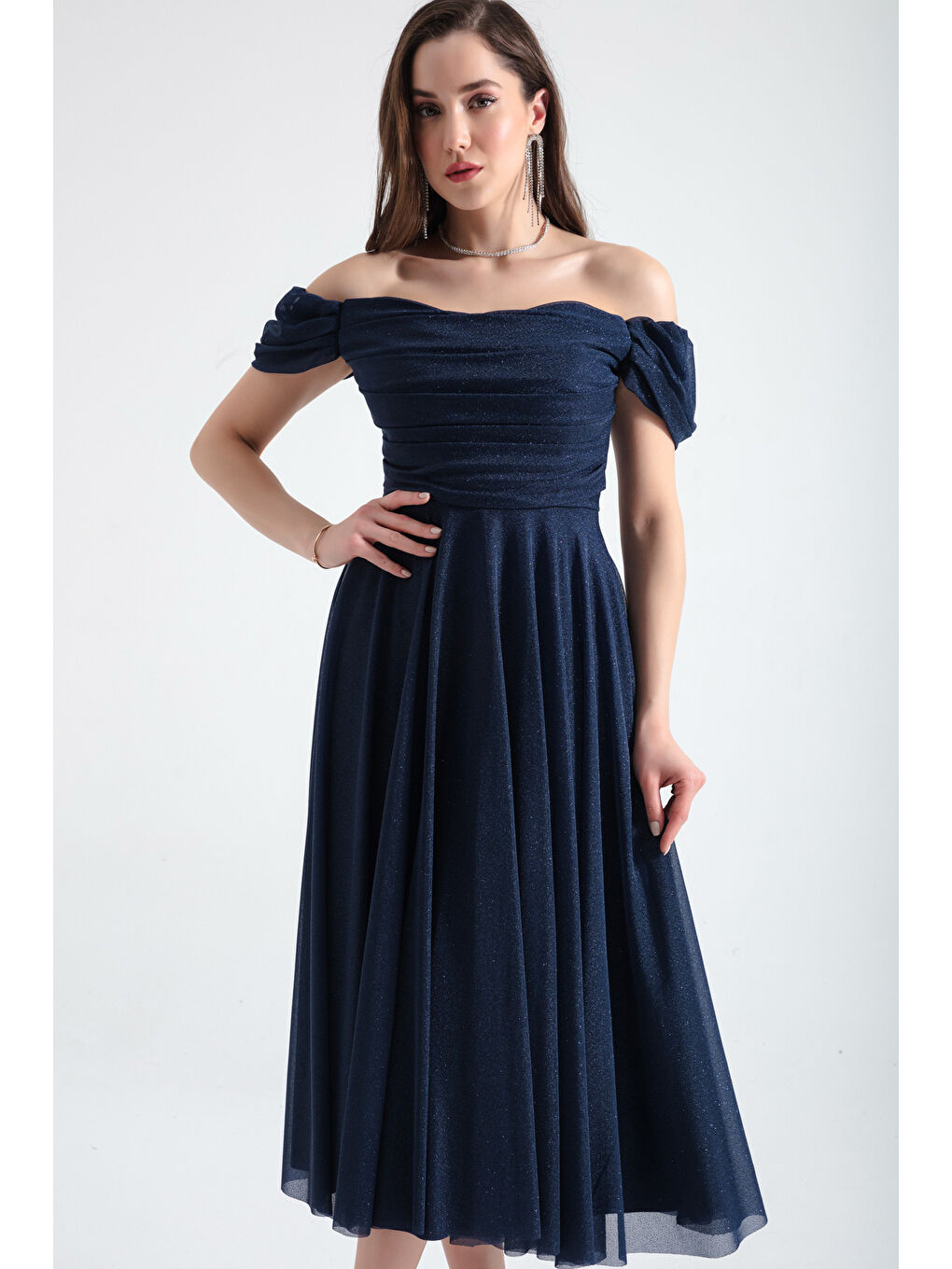 Kadın Lacivert Kayık Yaka Drapeli Midi Kloş Abiye Elbise-2