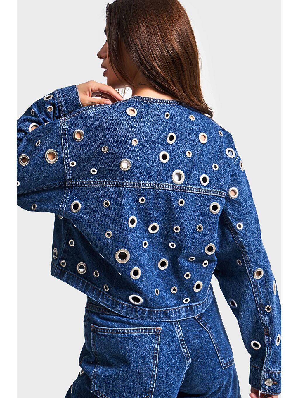 Mavi Kadın 1s5-5 Kuş Gözü Detaylı Crop Oversize Tasarım Denim Ceket-1