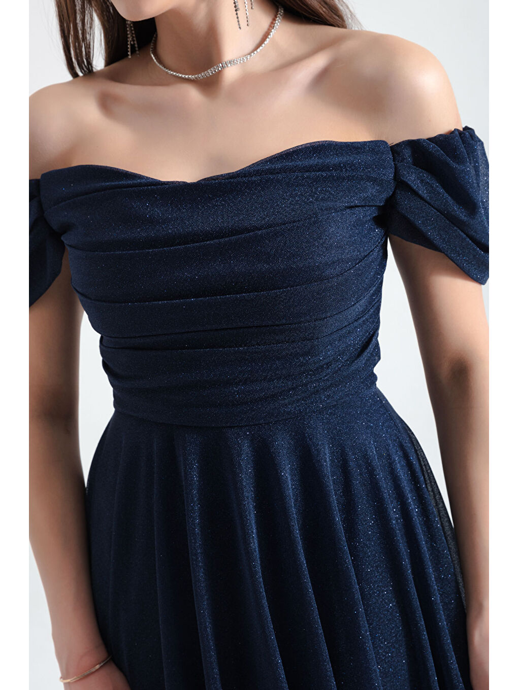 Kadın Lacivert Kayık Yaka Drapeli Midi Kloş Abiye Elbise-3