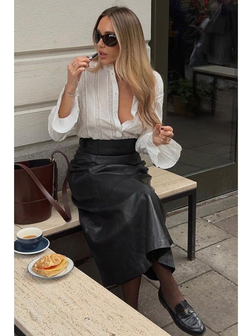 Siyah Kemer Detaylı Deri Midi Boy Kadın Etek Mg2632-1