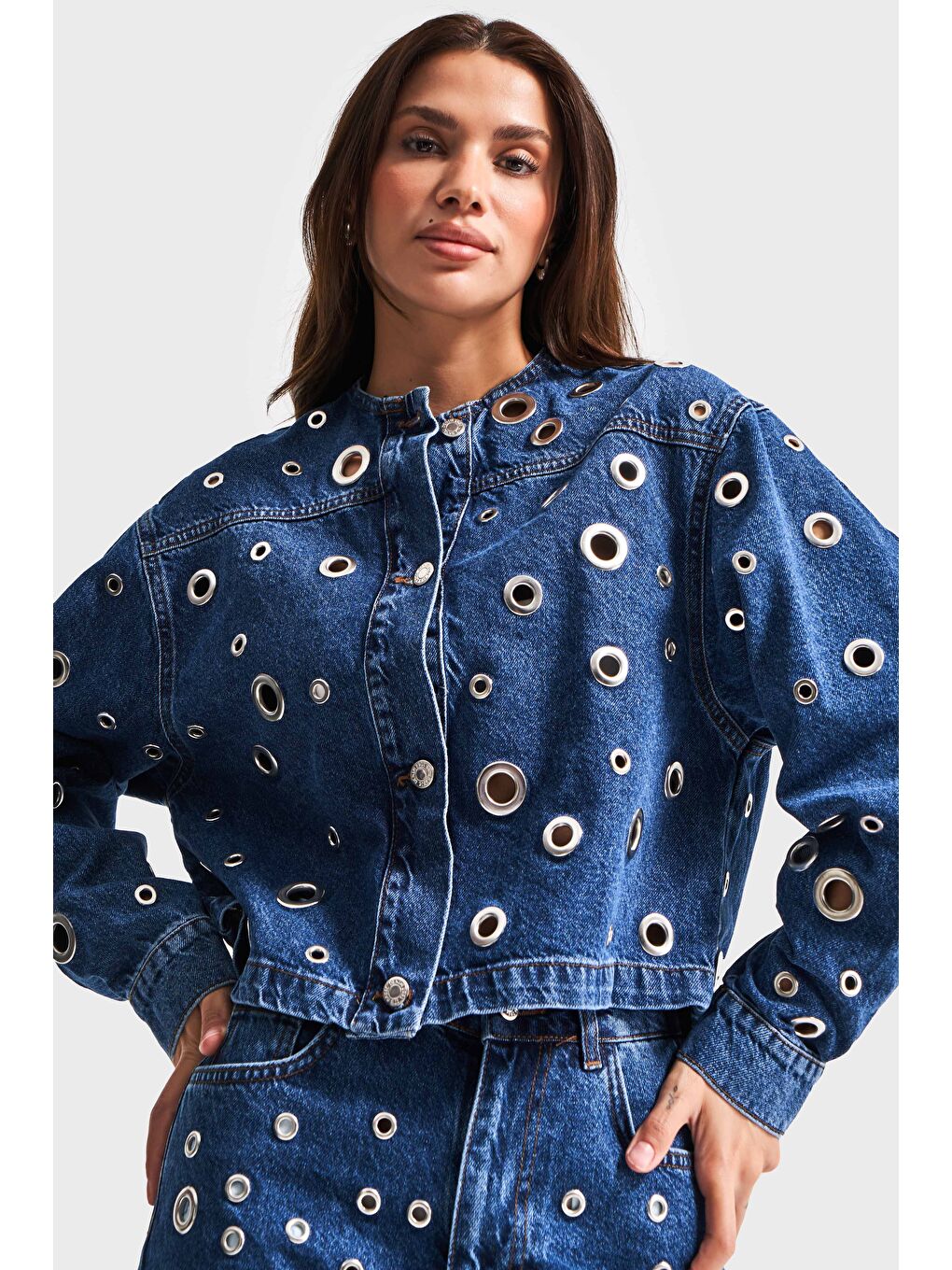 Mavi Kadın 1s5-5 Kuş Gözü Detaylı Crop Oversize Tasarım Denim Ceket-2