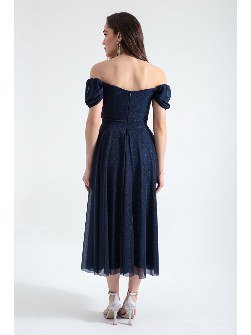 Kadın Lacivert Kayık Yaka Drapeli Midi Kloş Abiye Elbise-4