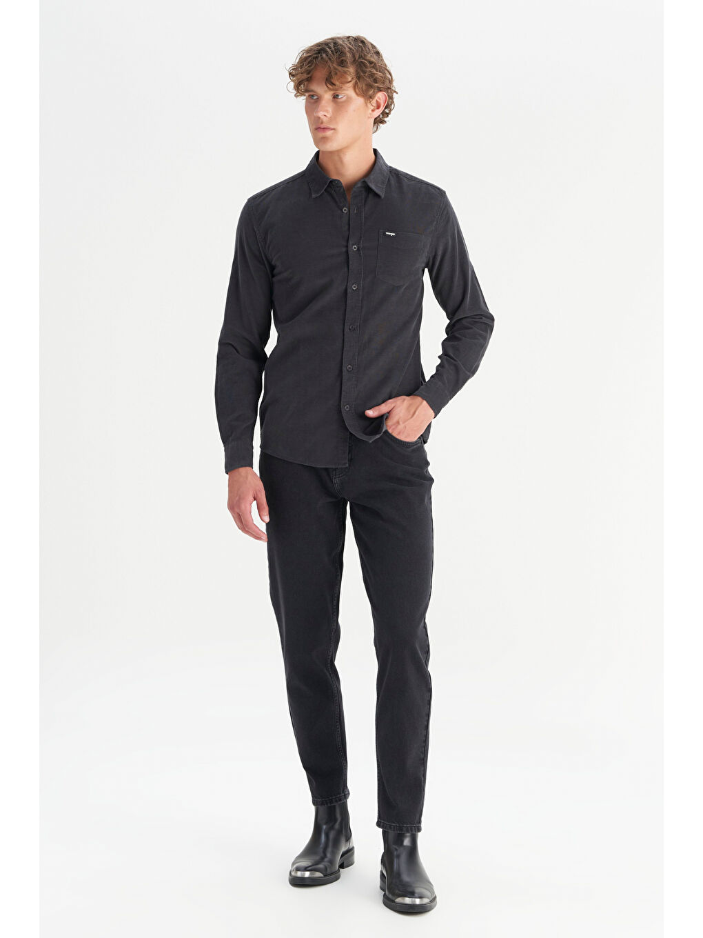 Antrasit %100 Pamuk Regular Fit Normal Kesim Klasik Yaka Cepli Kadife Gömlek-1