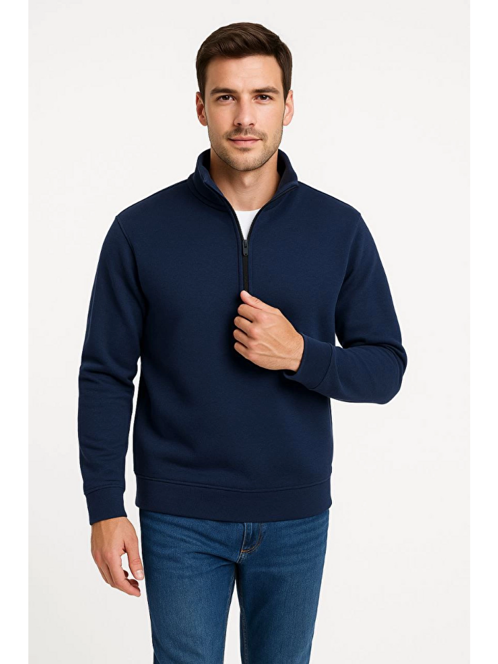 Erkek Dik Yaka Sweatshirt Dik Yaka Yarım Fermuarlı 3 İplik Şardonlu Pamuk Kumaş - Lacivert-1