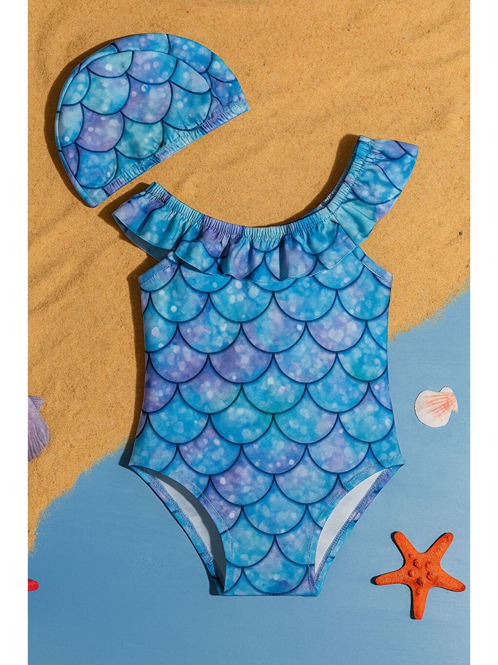 Mor Kız Çocuk Mayo Deniz Kızı Desenli Fırfırlı Bone Hediyeli 1-5 Yaş