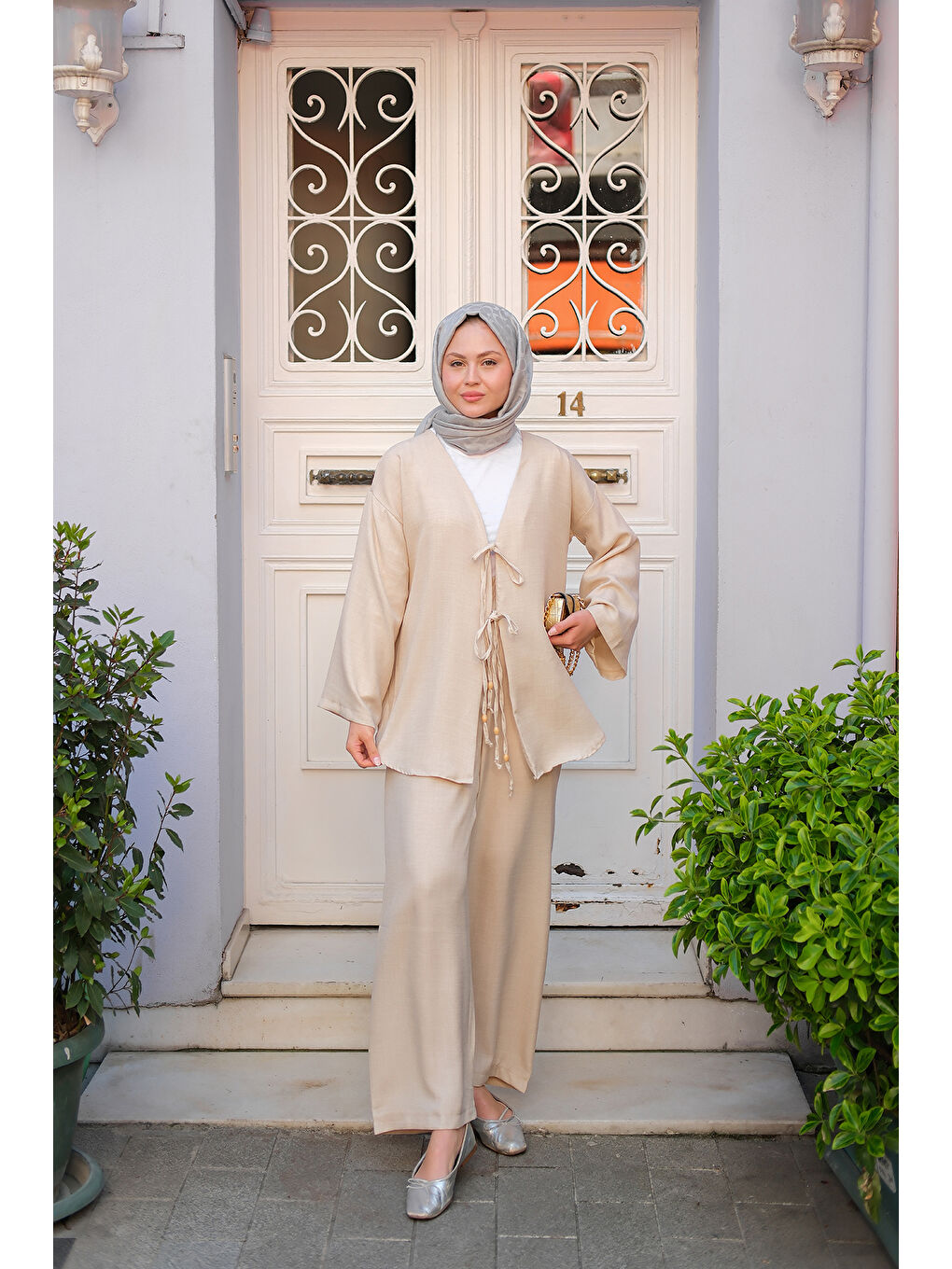 Ekru Kadın Ön Bağlama Detaylı Takım Krem-2