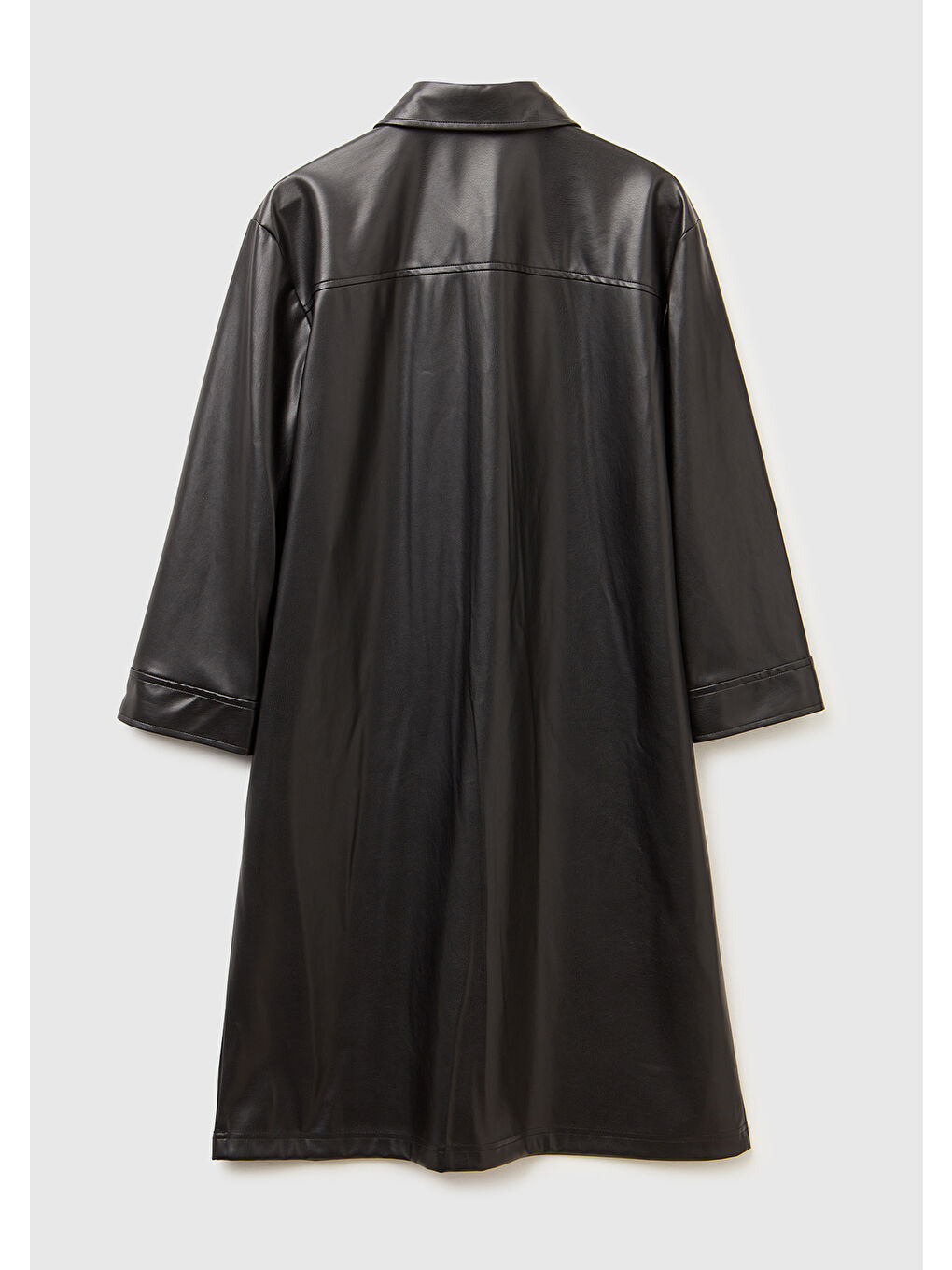 Kadın Siyah Deri Görünümlü Önü Düğmeli Uzun Kollu Elbise-3