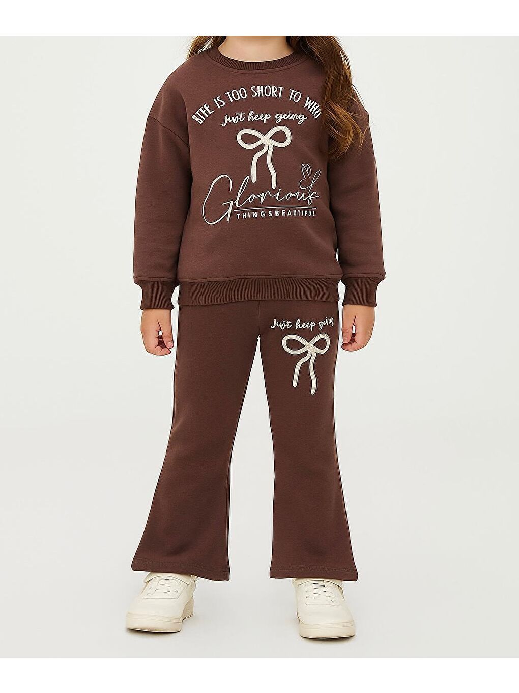 Kahverengi 3 İplik Şardonlu Kız Çocuk Eşofman Takımı