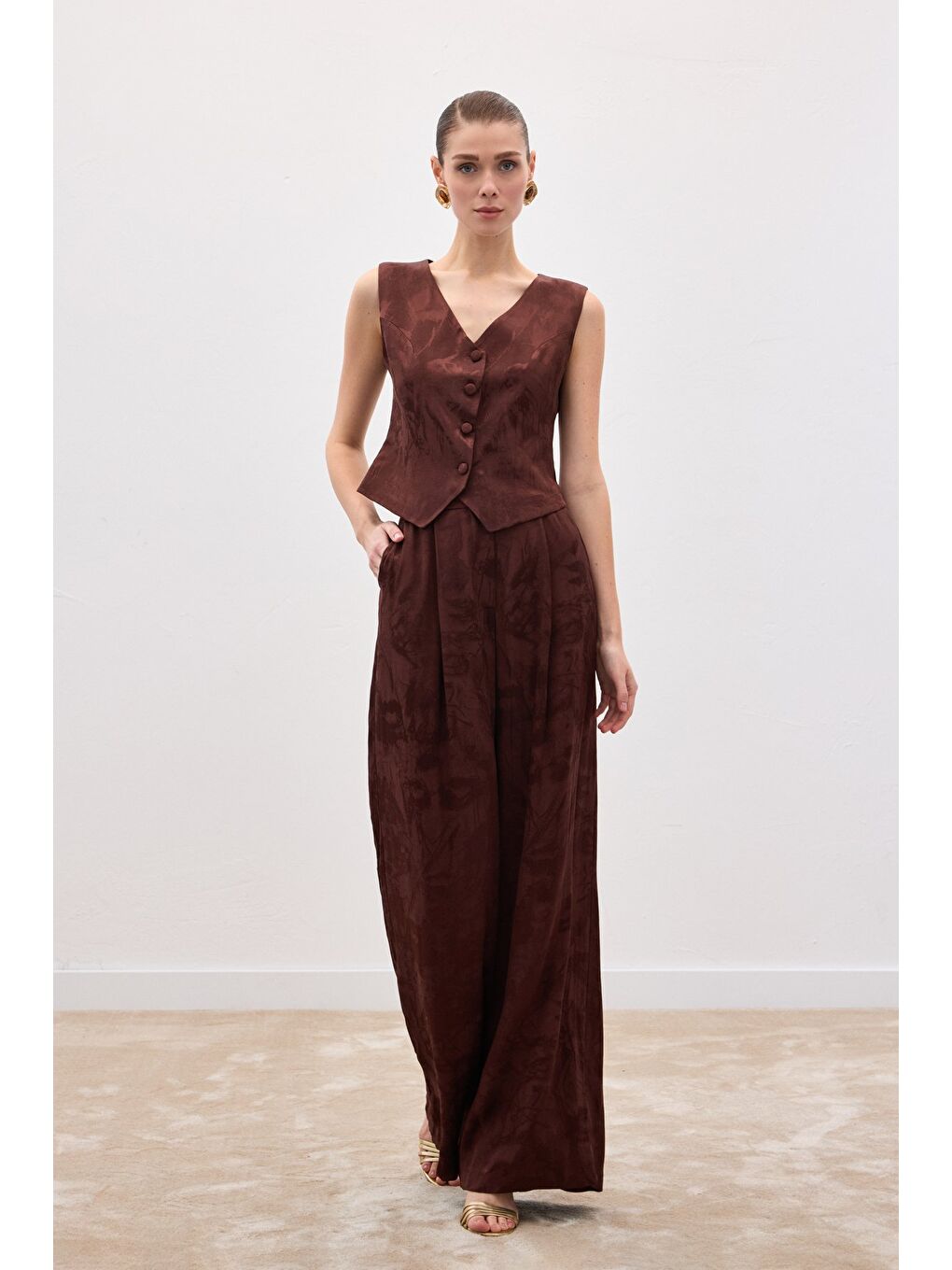 Kahverengi Jakarlı Bol Pantolon - Kahve-2