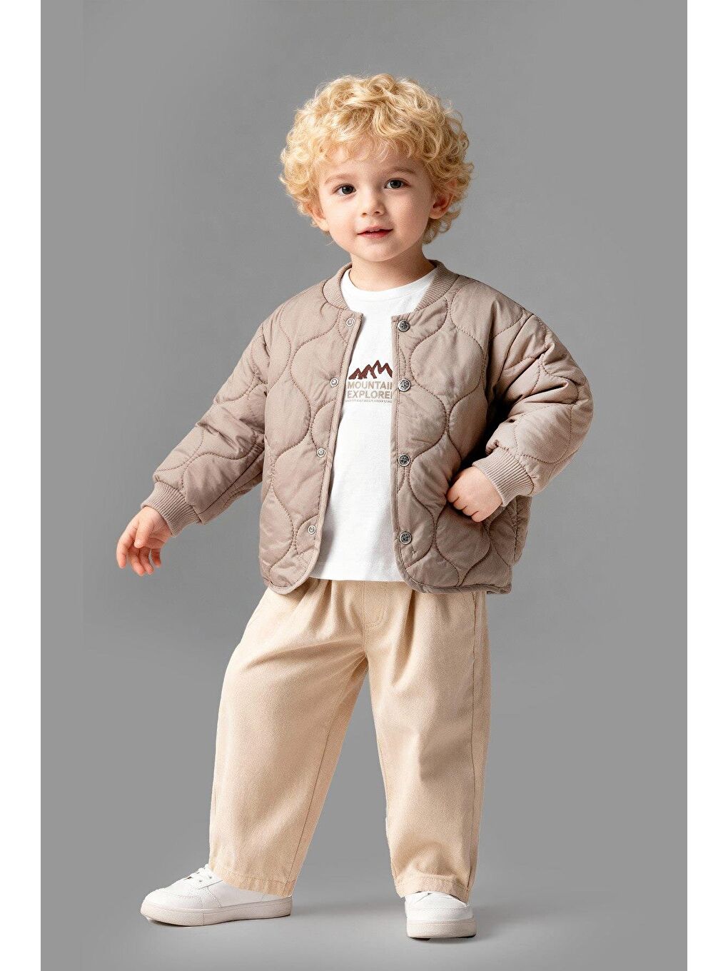 Karışık Erkek Çocuk Pamuklu Bej Kapitone Ceketli T-Shirt Ve Pantolon Takım-1