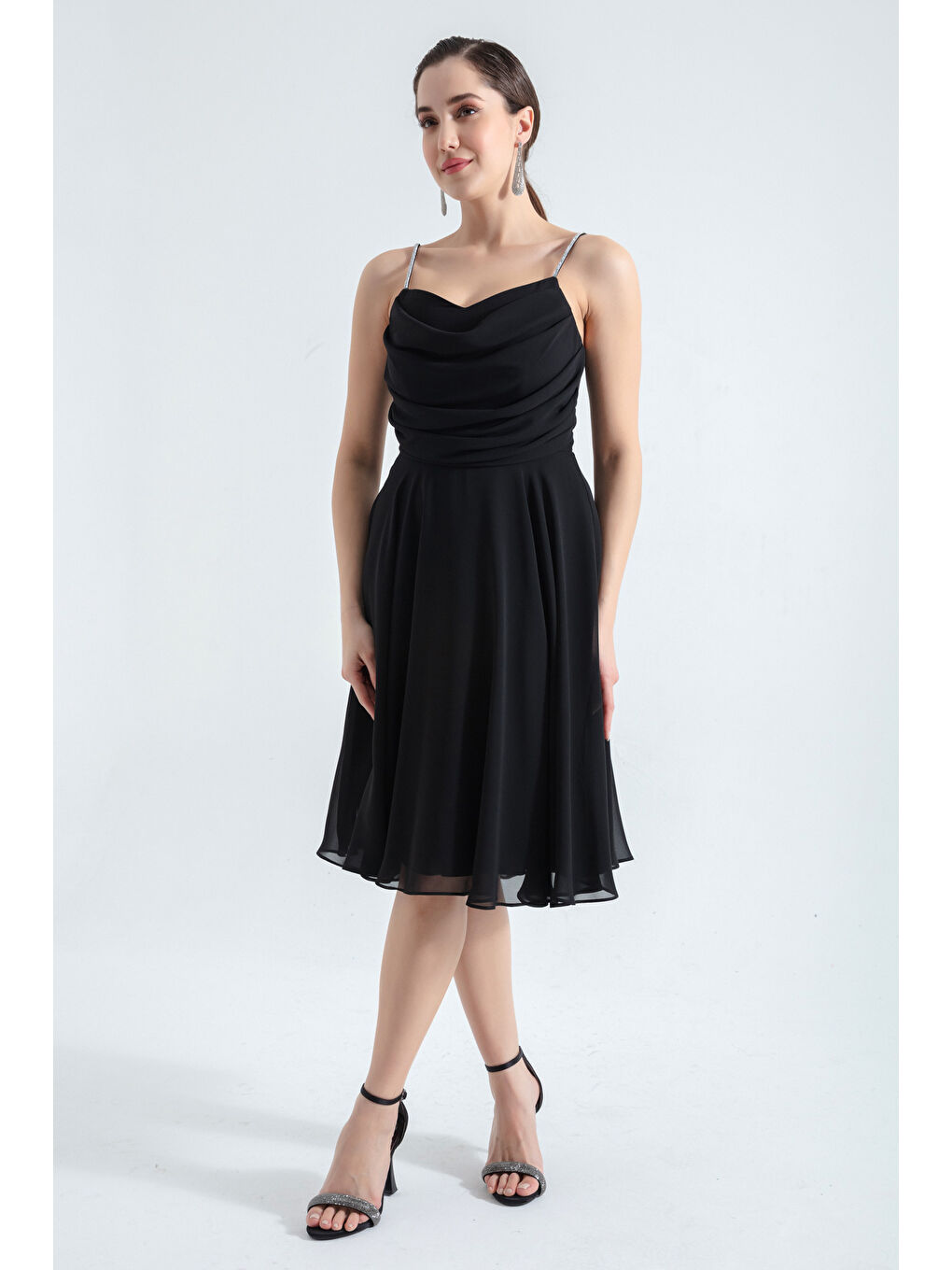 Kadın Siyah Taş Askılı Midi Abiye Elbise-1