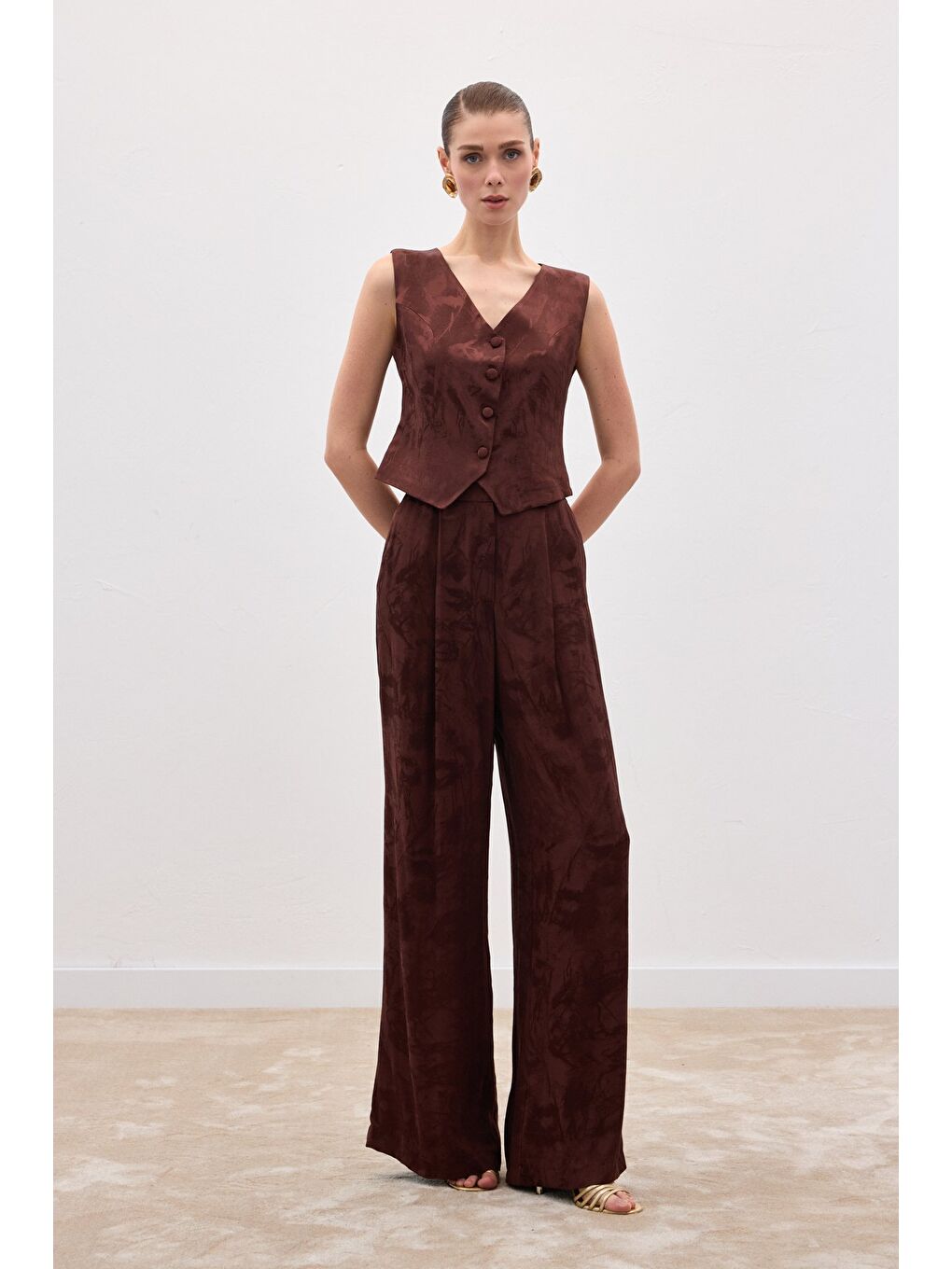 Kahverengi Jakarlı Bol Pantolon - Kahve-3