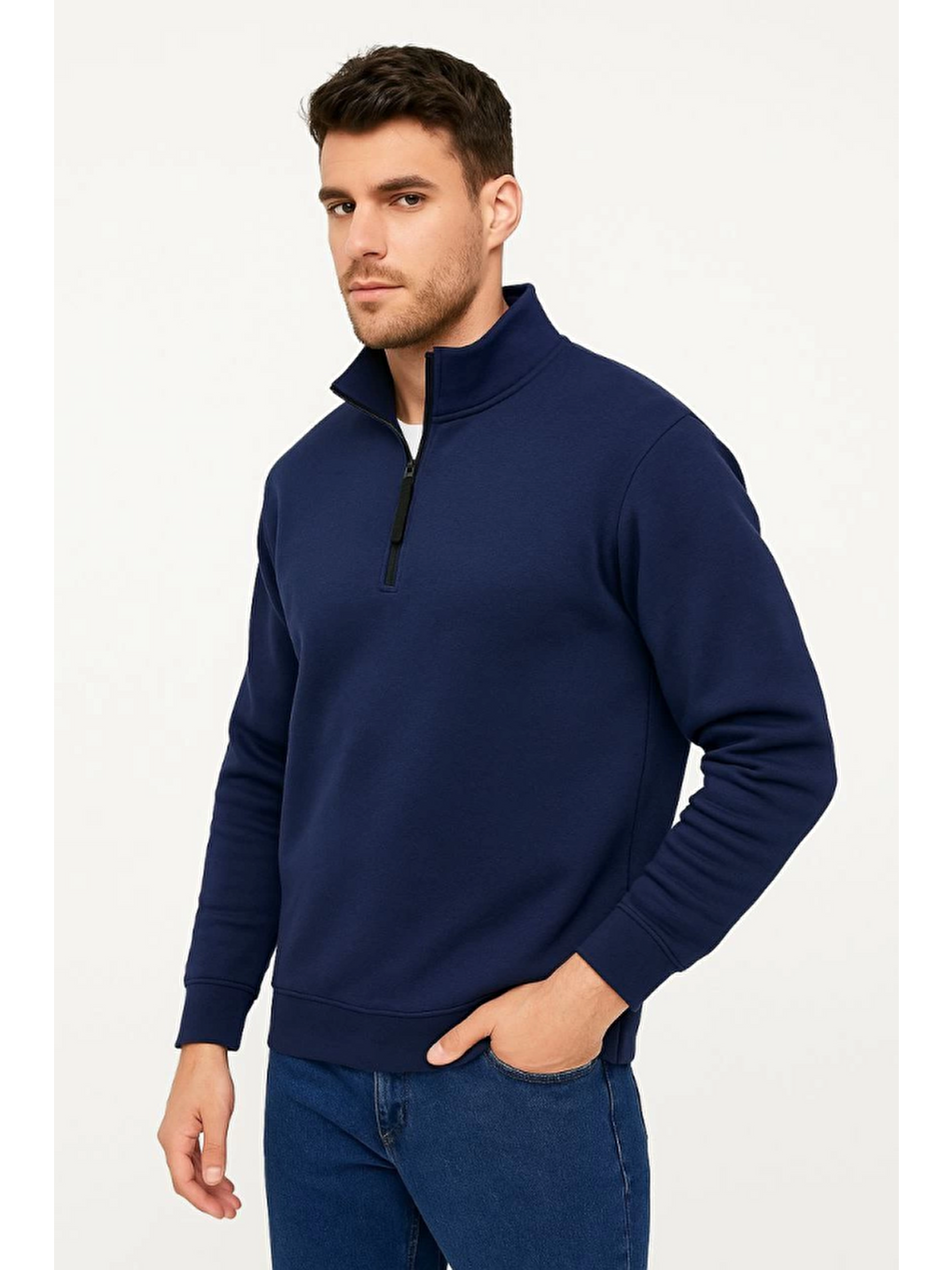 Erkek Dik Yaka Sweatshirt Dik Yaka Yarım Fermuarlı 3 İplik Şardonlu Pamuk Kumaş - Lacivert-2