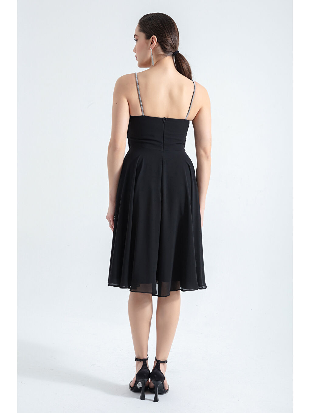 Kadın Siyah Taş Askılı Midi Abiye Elbise-4