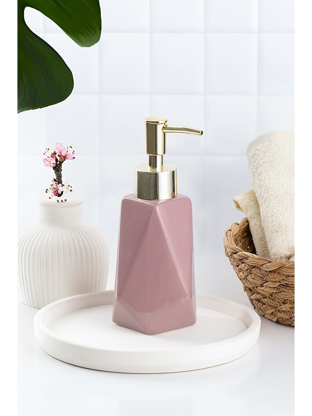 Pembe 3203 Seramik Sıvı Sabunluk - Tezgah Üstü Banyo Mutfak Lavabo Sabunluğu - 250 Cc Pudra-1