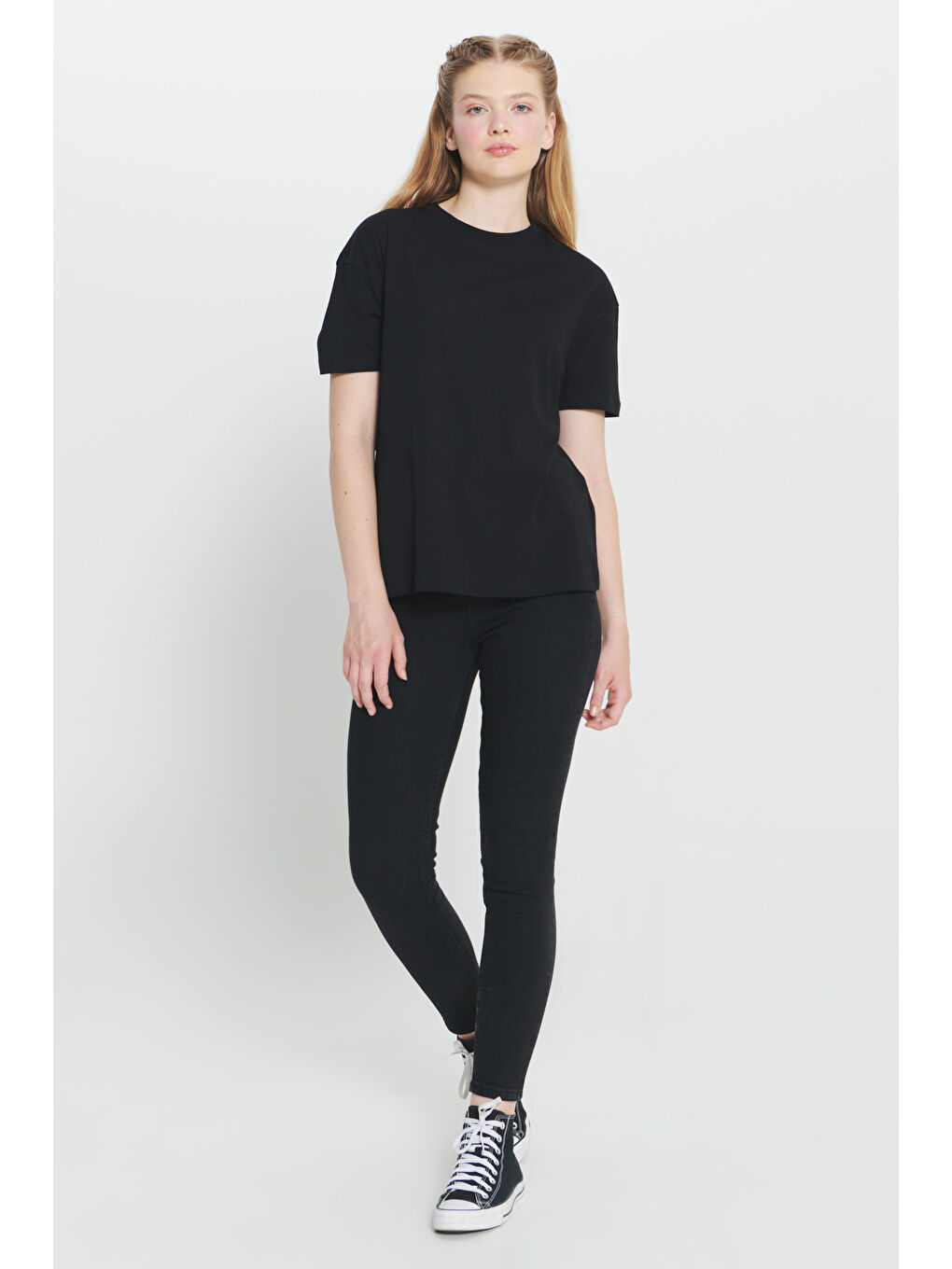 Siyah %100 Pamuk Oversize Fit Bol Kesim Bisiklet Yaka Basic Tişört-1