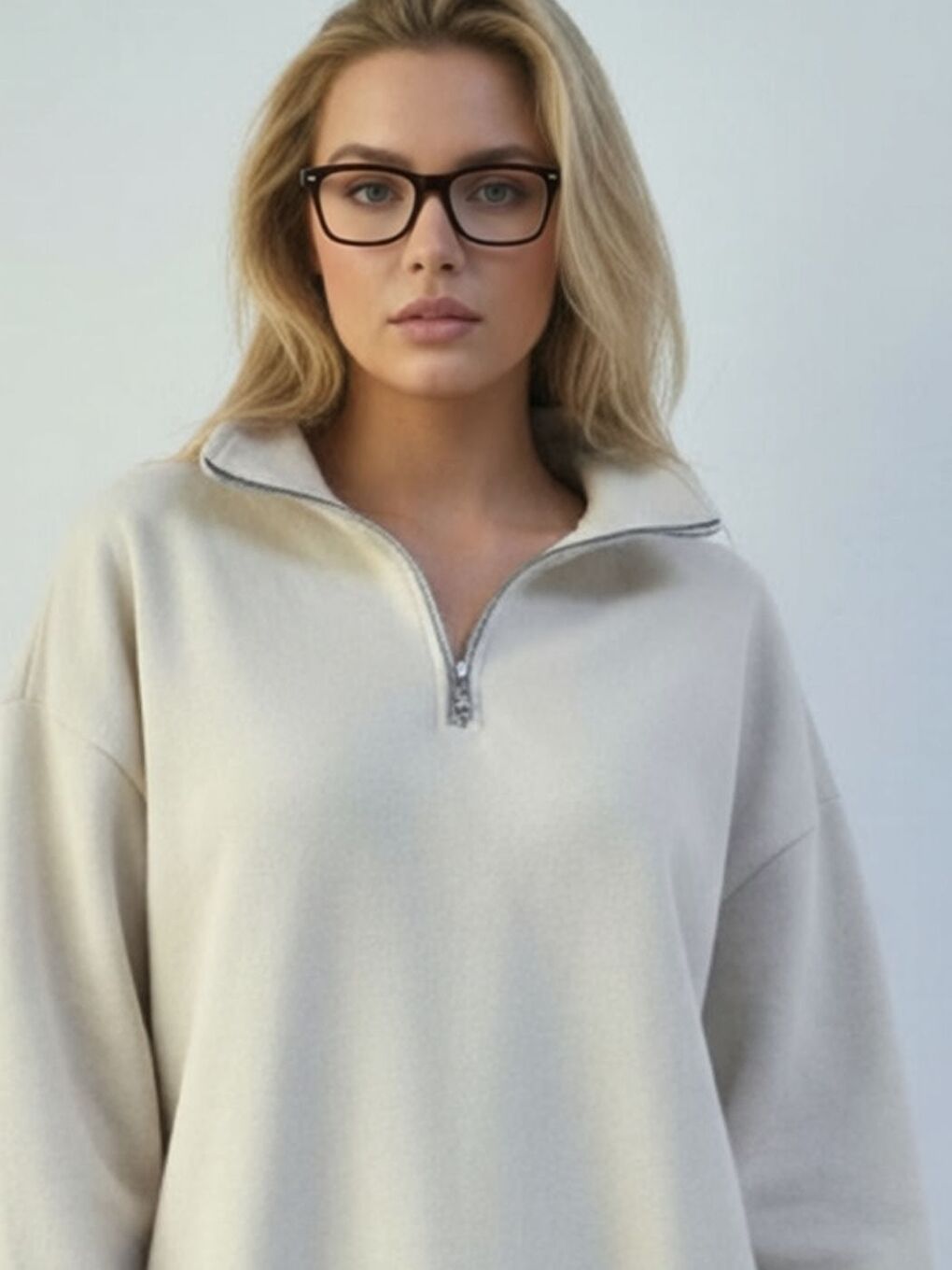 Kadın Bej Yarım Fermuarlı Oversize Sweatshirt