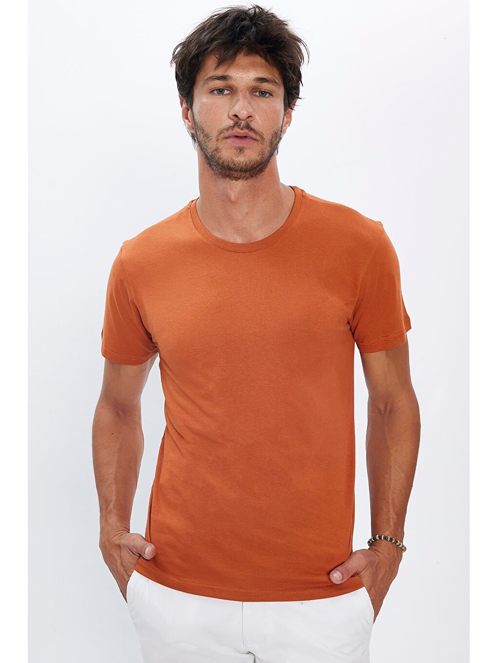 Unisex 5'li Paket Siyah-beyaz-bordo-tarçın-gri Slim Fit Dar Kesim %100 Pamuk Bisiklet Yaka Tişört-3