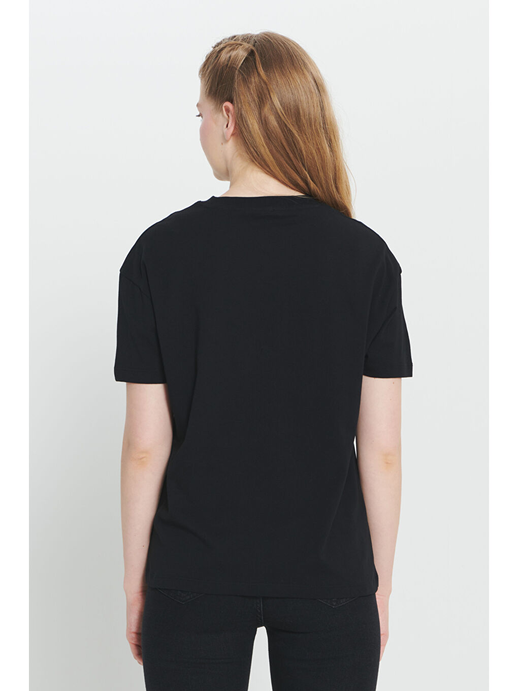 Siyah %100 Pamuk Oversize Fit Bol Kesim Bisiklet Yaka Basic Tişört-4