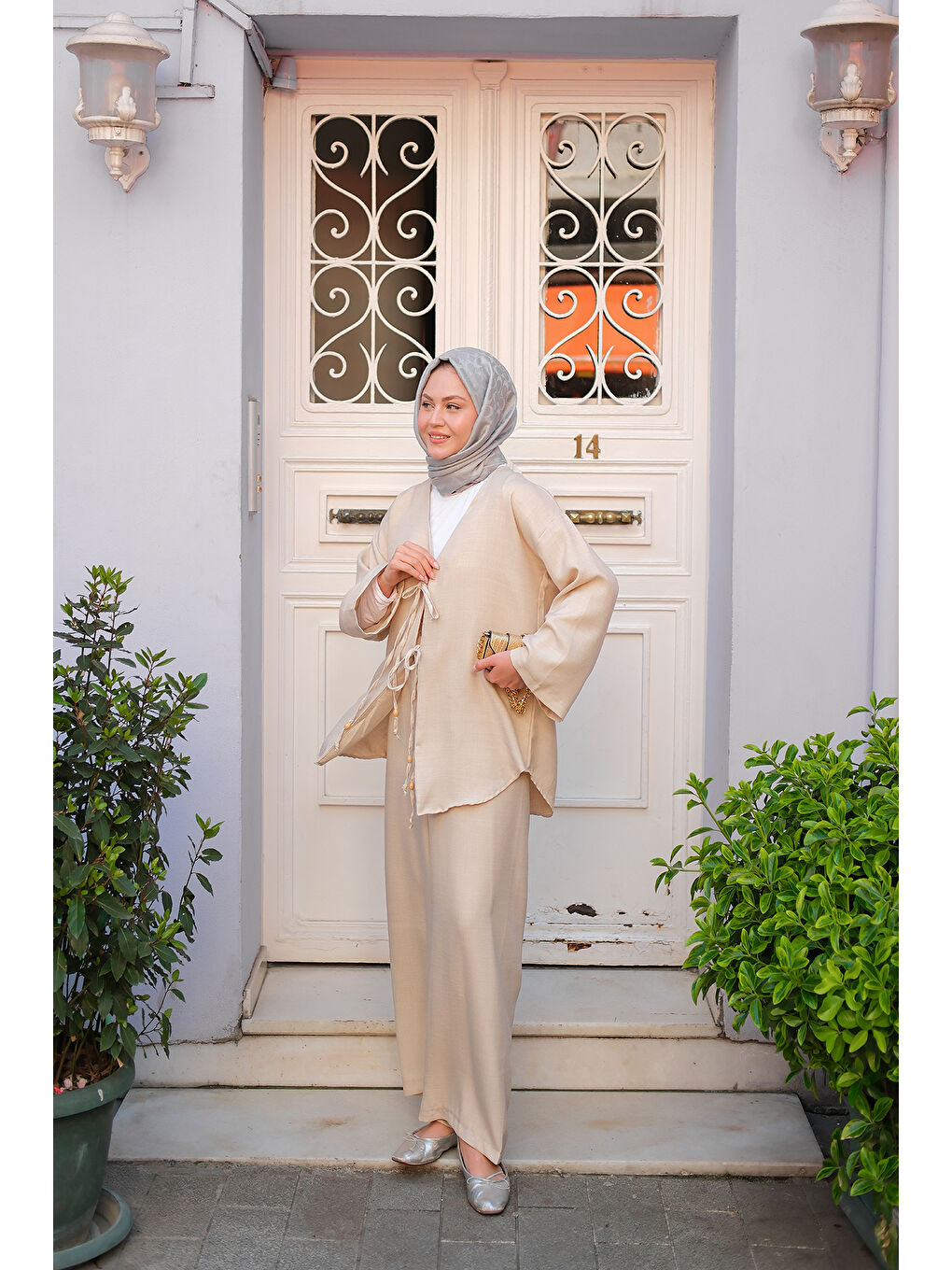 Ekru Kadın Ön Bağlama Detaylı Takım Krem-3