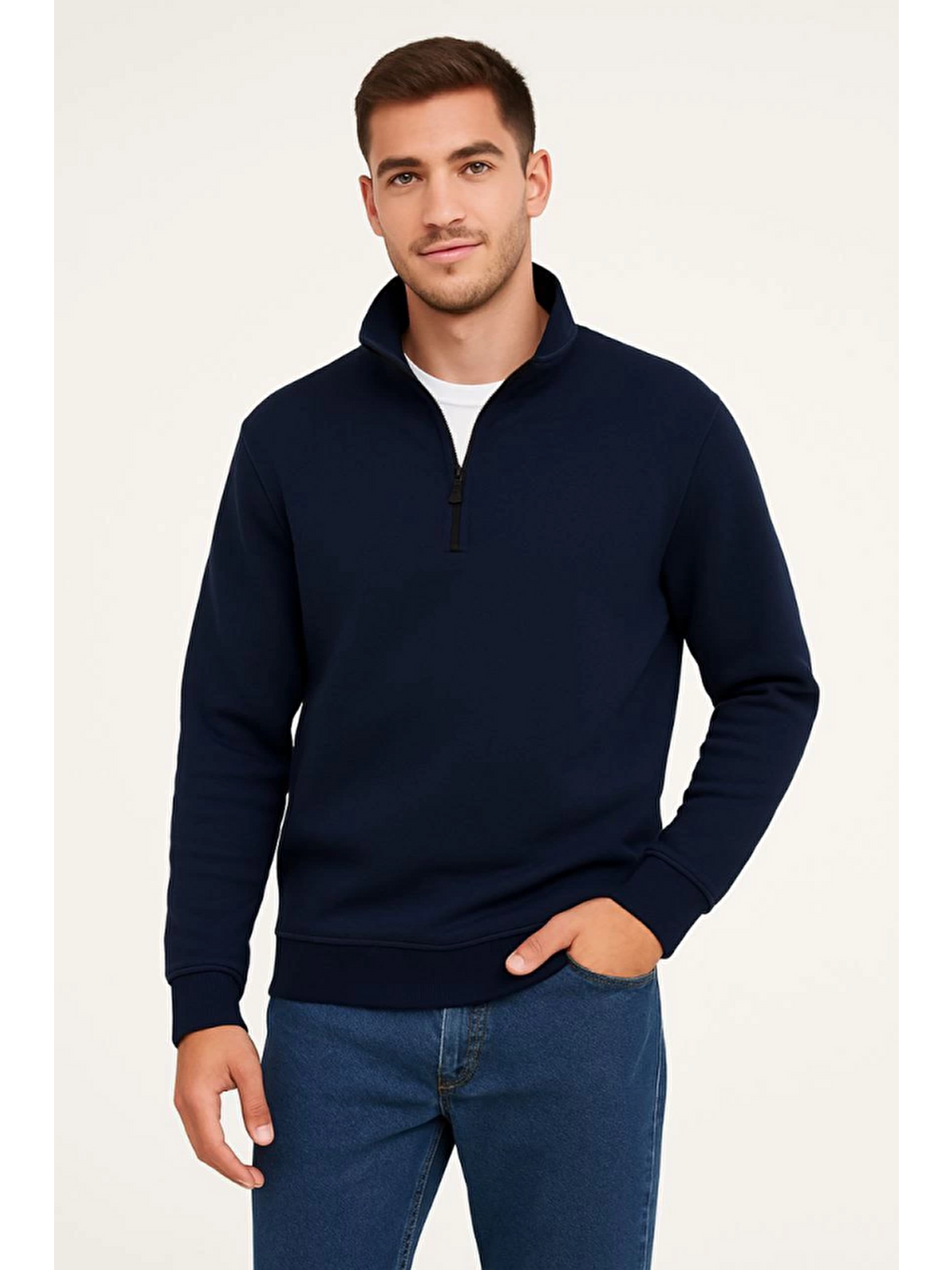 Erkek Dik Yaka Sweatshirt Dik Yaka Yarım Fermuarlı 3 İplik Şardonlu Pamuk Kumaş - Lacivert-3