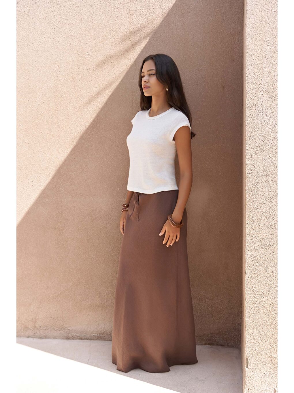 Kahverengi Dolly Bağcıklı Kahve Keten Etek-1