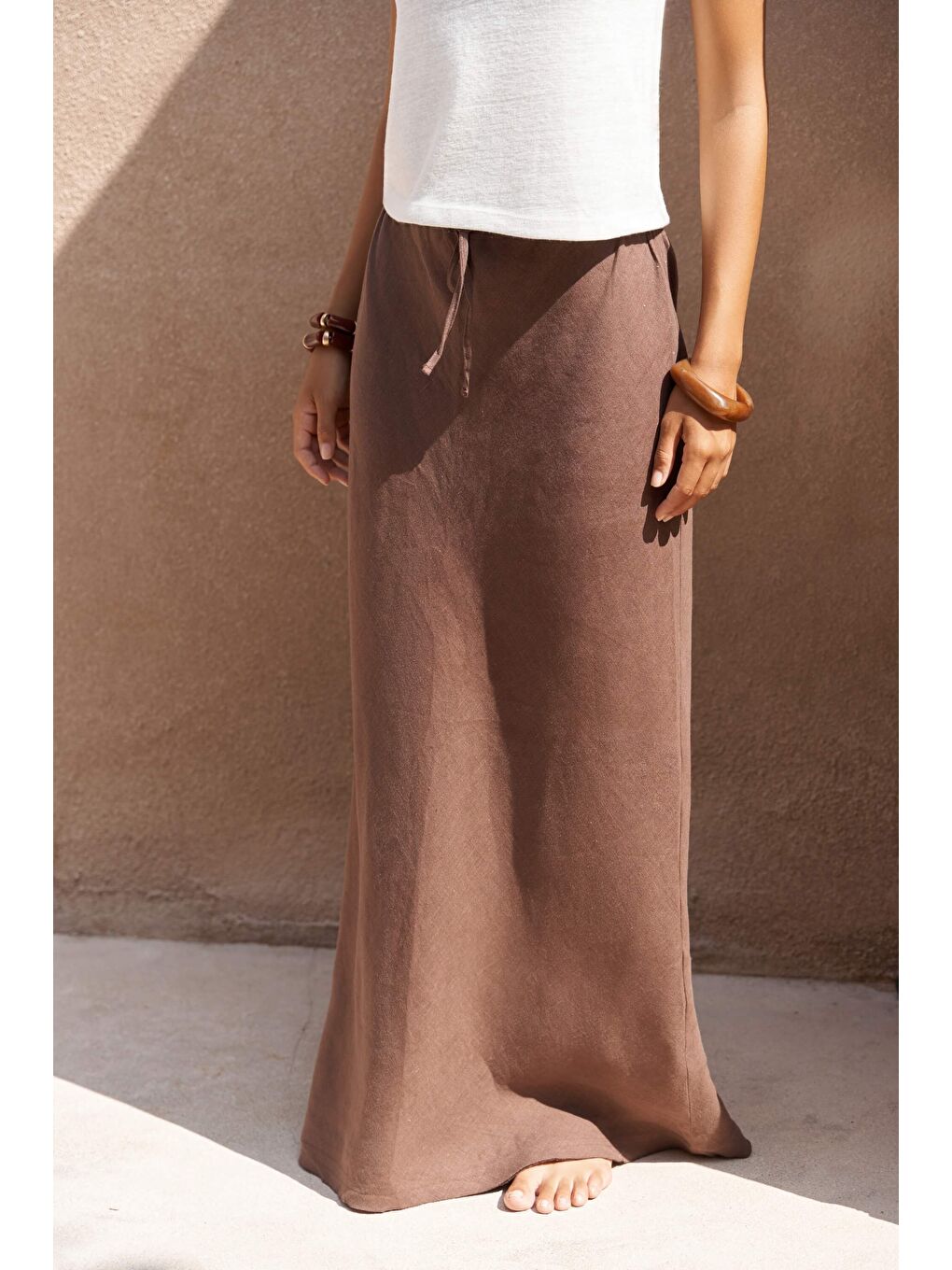 Kahverengi Dolly Bağcıklı Kahve Keten Etek-2