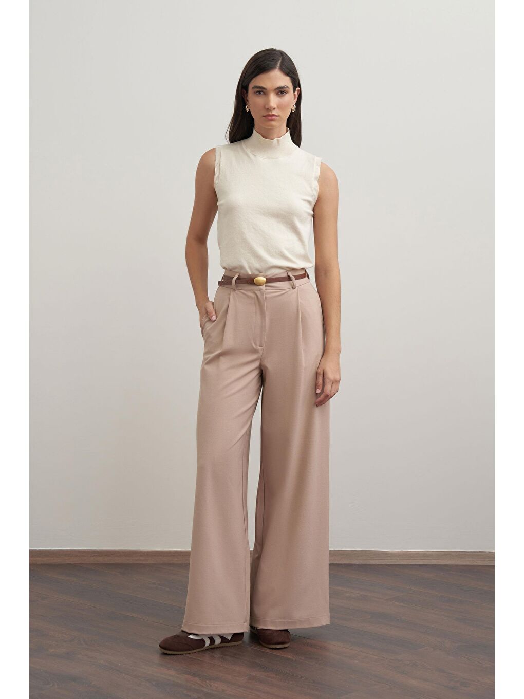 Bej-Pileli Polyviscon Pantolon