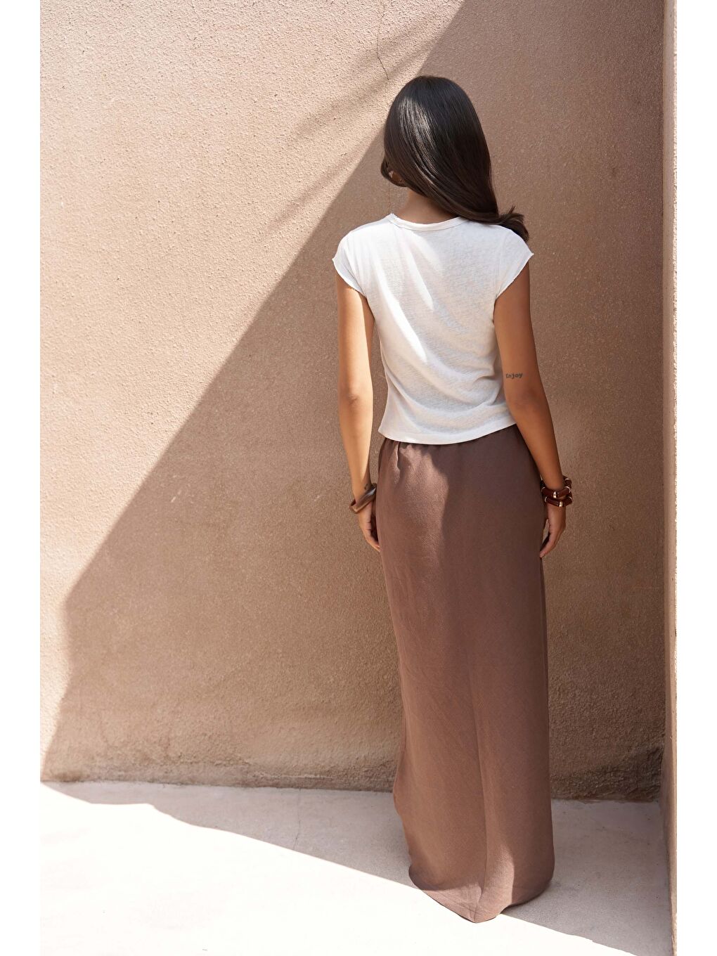 Kahverengi Dolly Bağcıklı Kahve Keten Etek-3