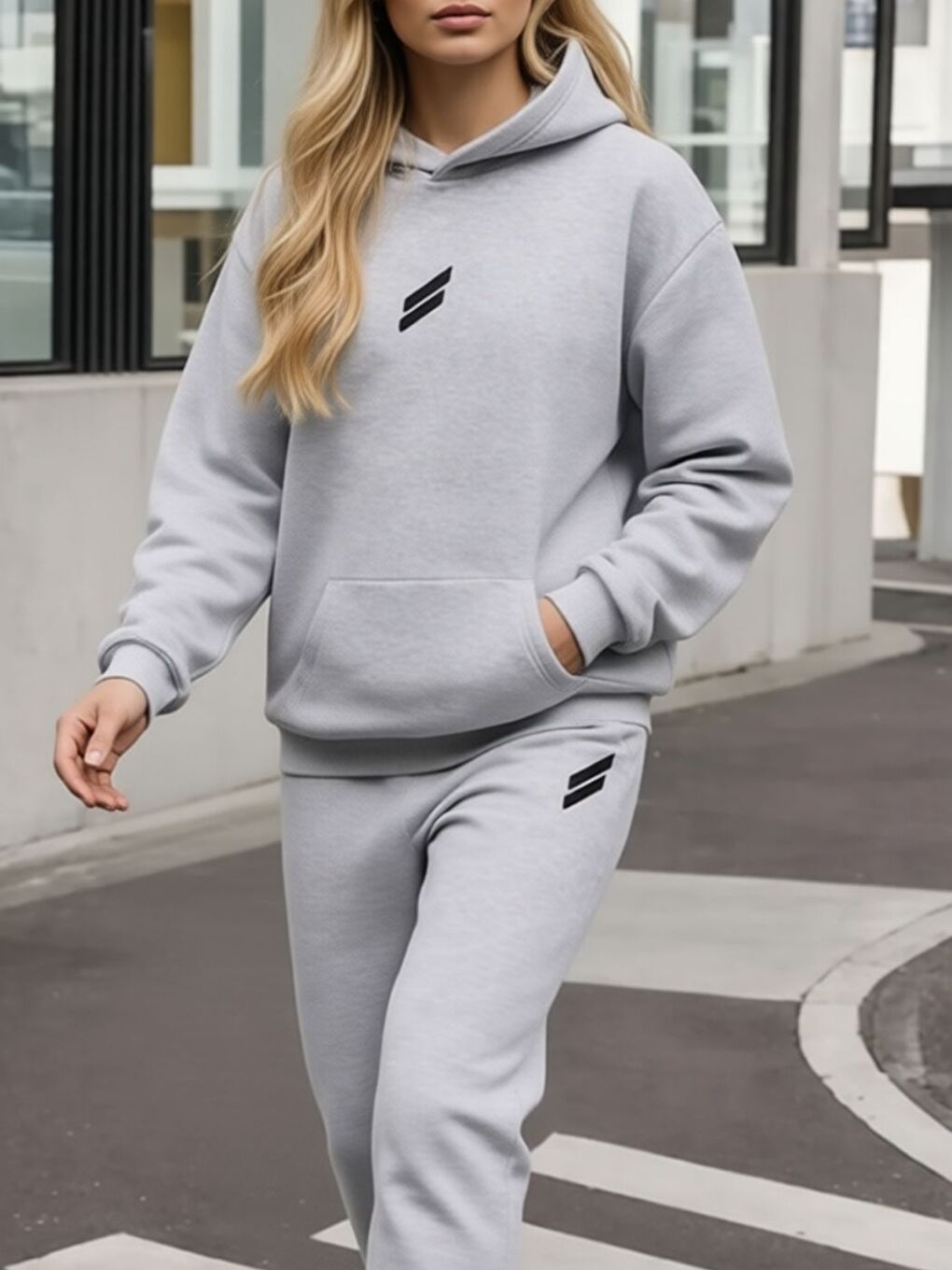 Kadın Tam Gri 2 Çizgi Baskı Alt Üst Uzun Kollu Eşofman Takımı-1