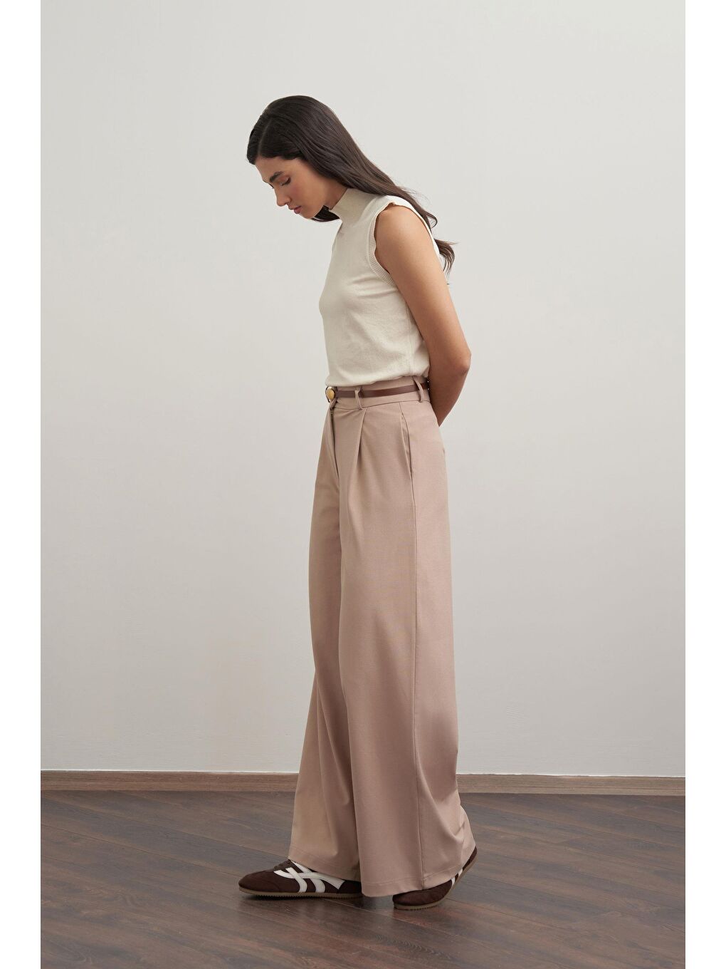 Bej-Pileli Polyviscon Pantolon-1